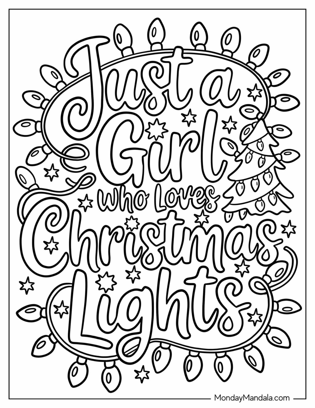 Just a Girl Who Loves Christmas Lights Coloring Page Text Surrounded by Decor