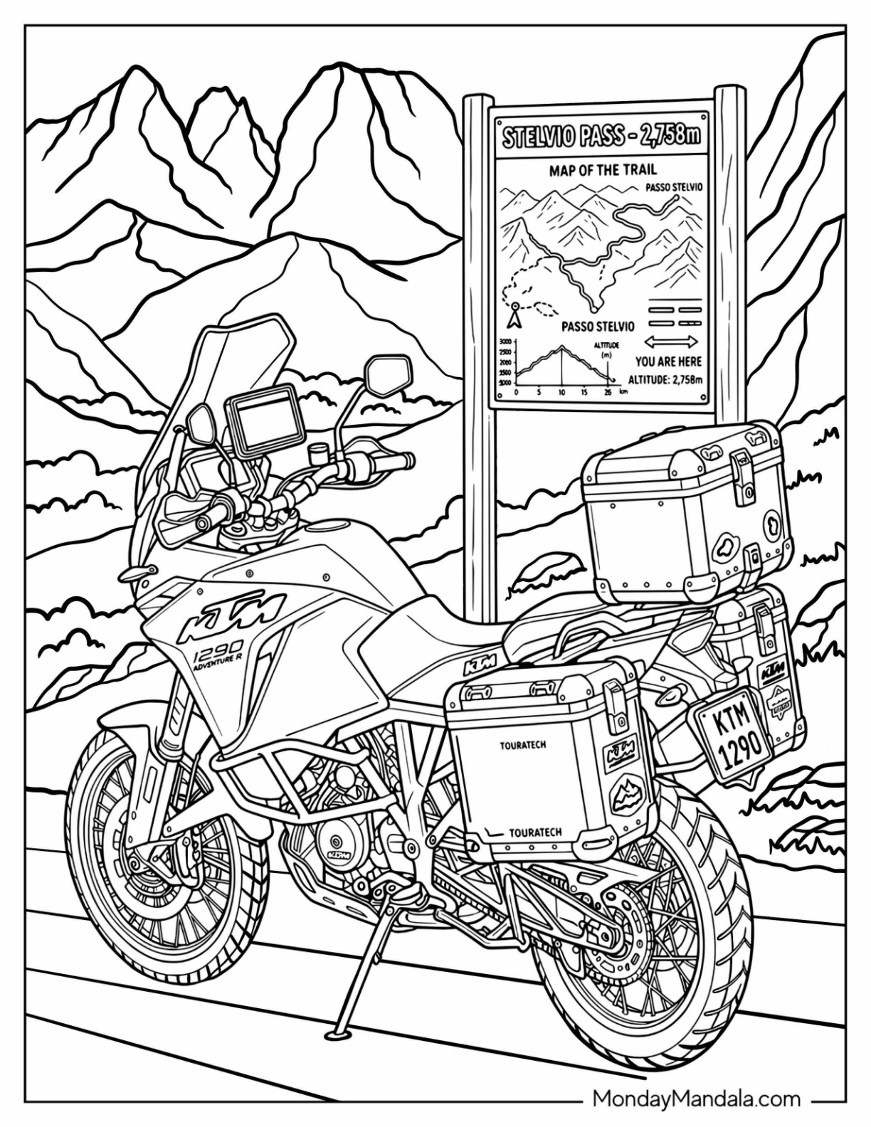 KTM Adventure Motorcycle at a Mountain Trailhead Coloring Sheet