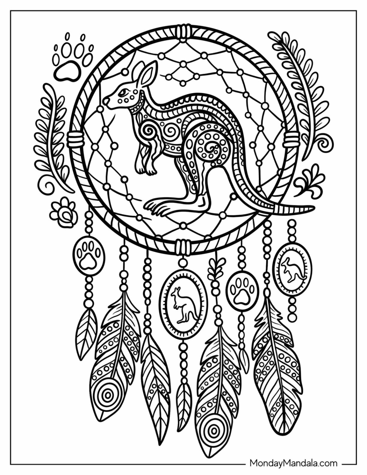 Kangaroo Coloring Page Dreamcatcher with Feathers and Paw Prints and Feathers