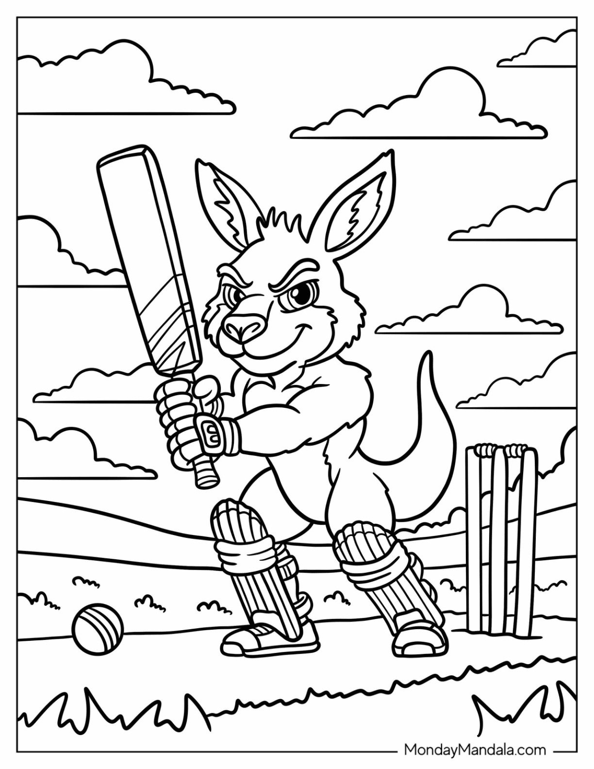 Kangaroo Coloring Page Playing Cricket with Bat and Pads on the Field