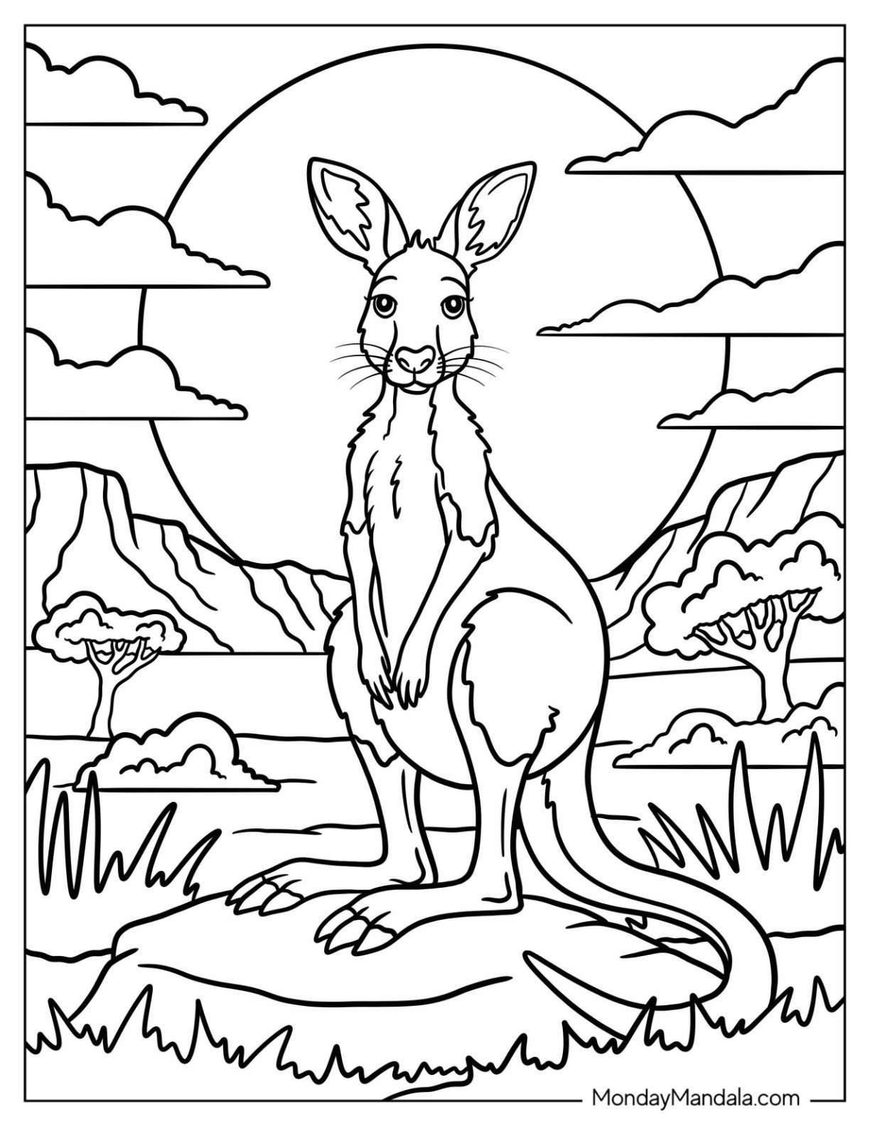 Kangaroo Coloring Page Standing on a Rock with the Sun in the Background