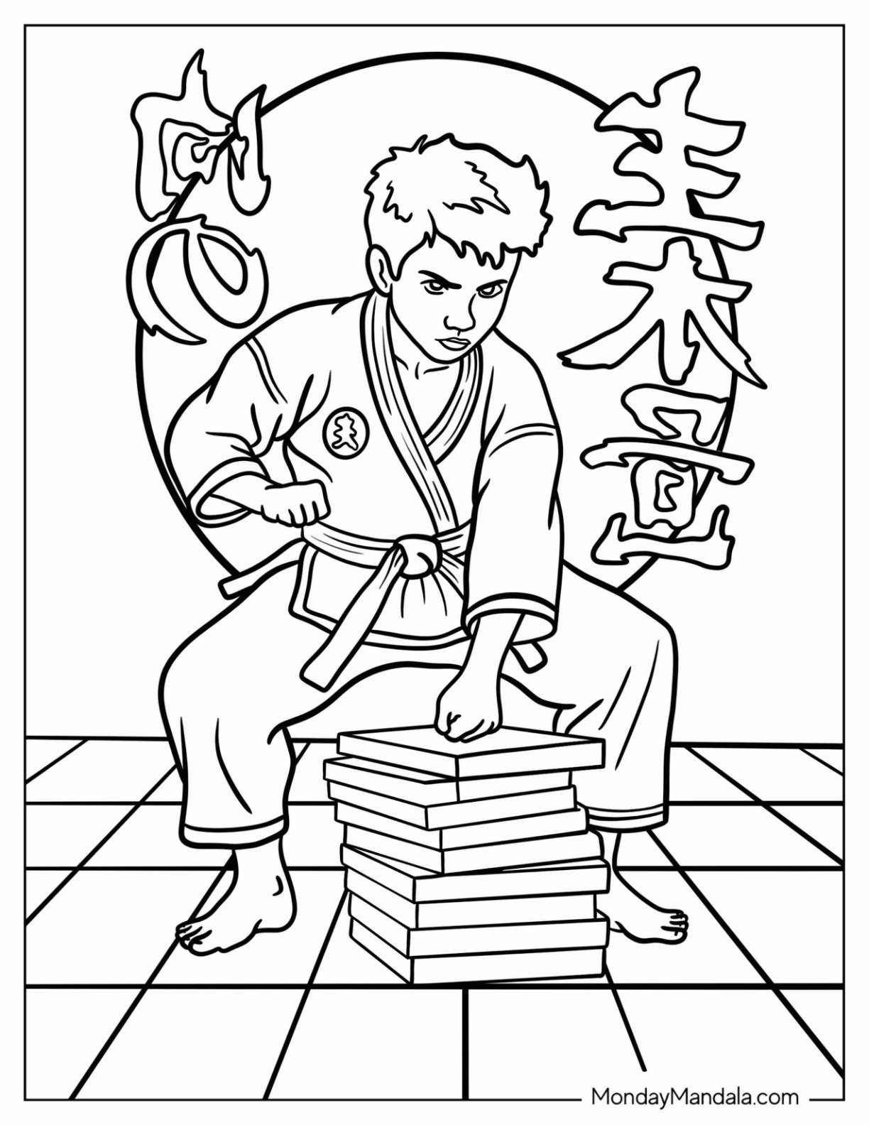 Karate Coloring Page of Boy Breaking Boards