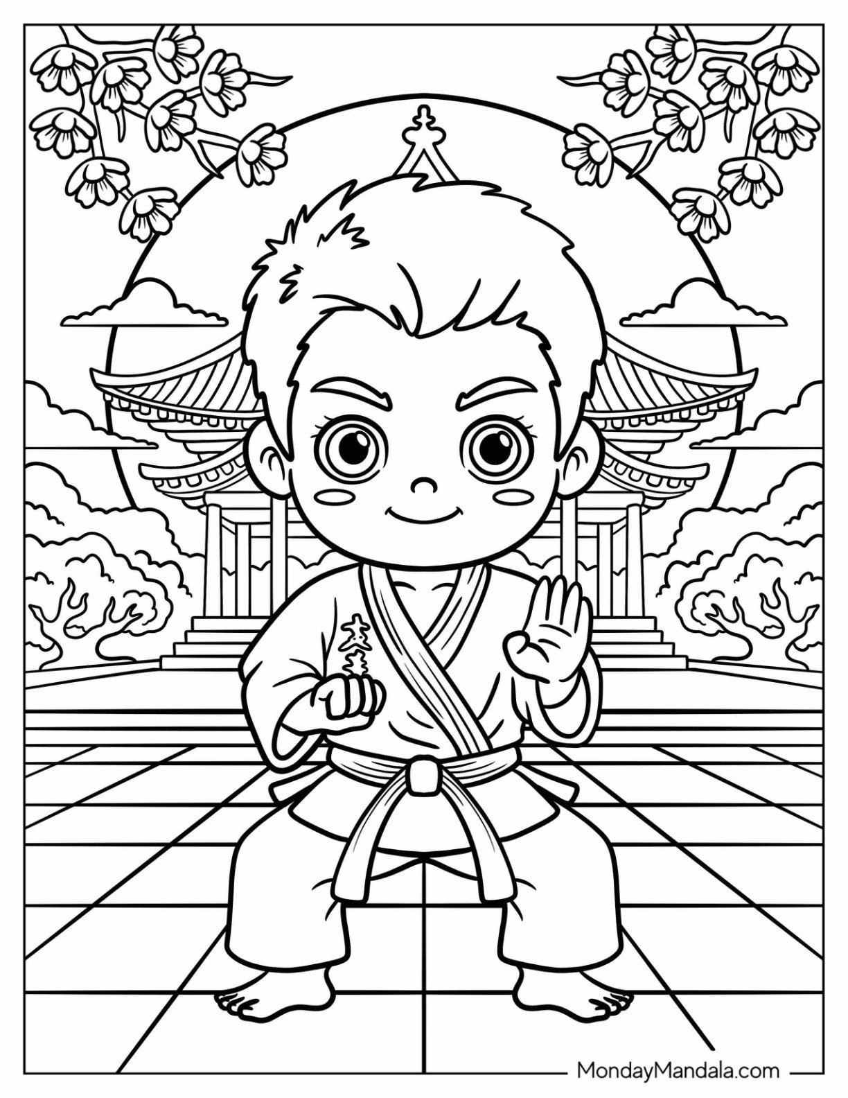 Karate Coloring Page of Boy Posing Outside the Dojo