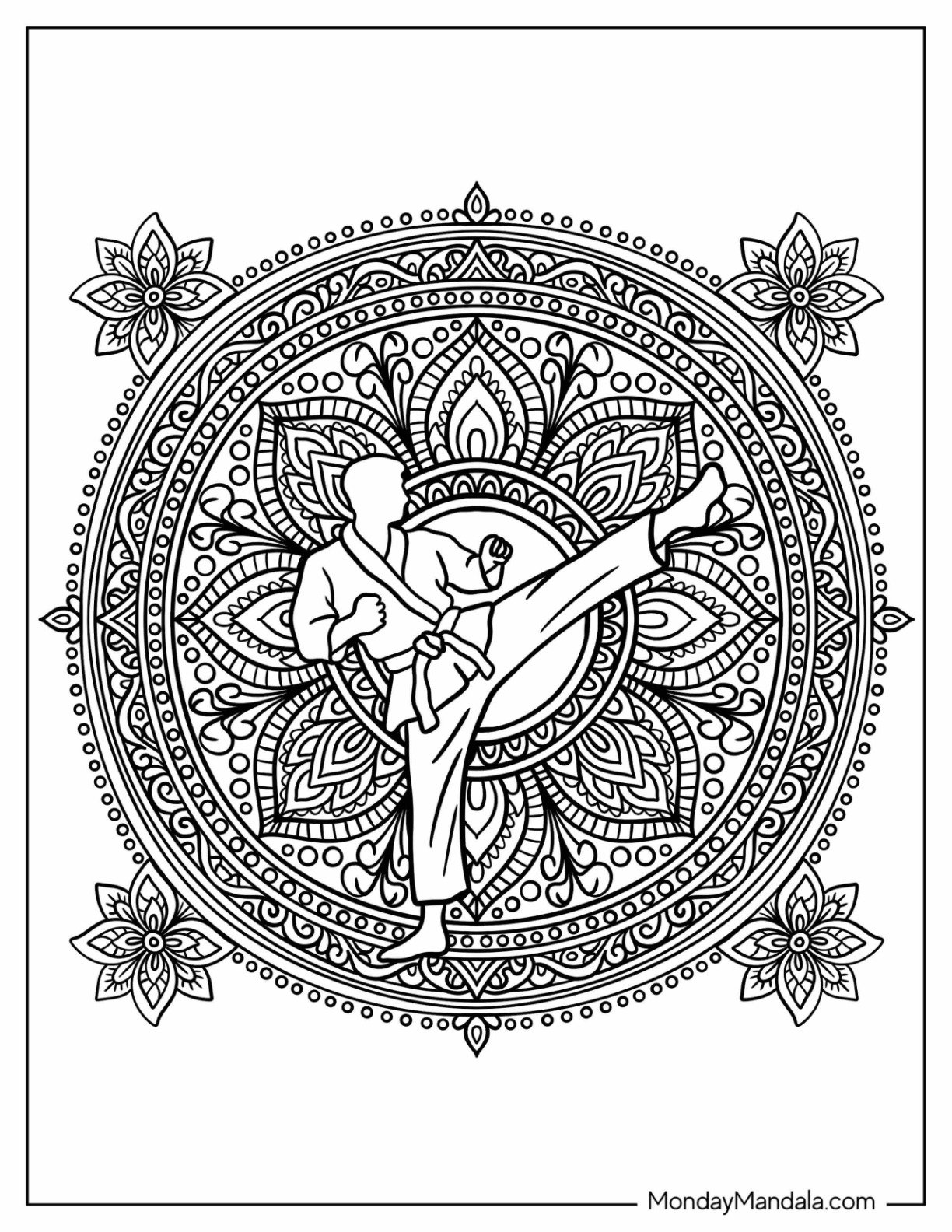 Karate Coloring Page of Fighter Kicking Inside a Floral Mandala