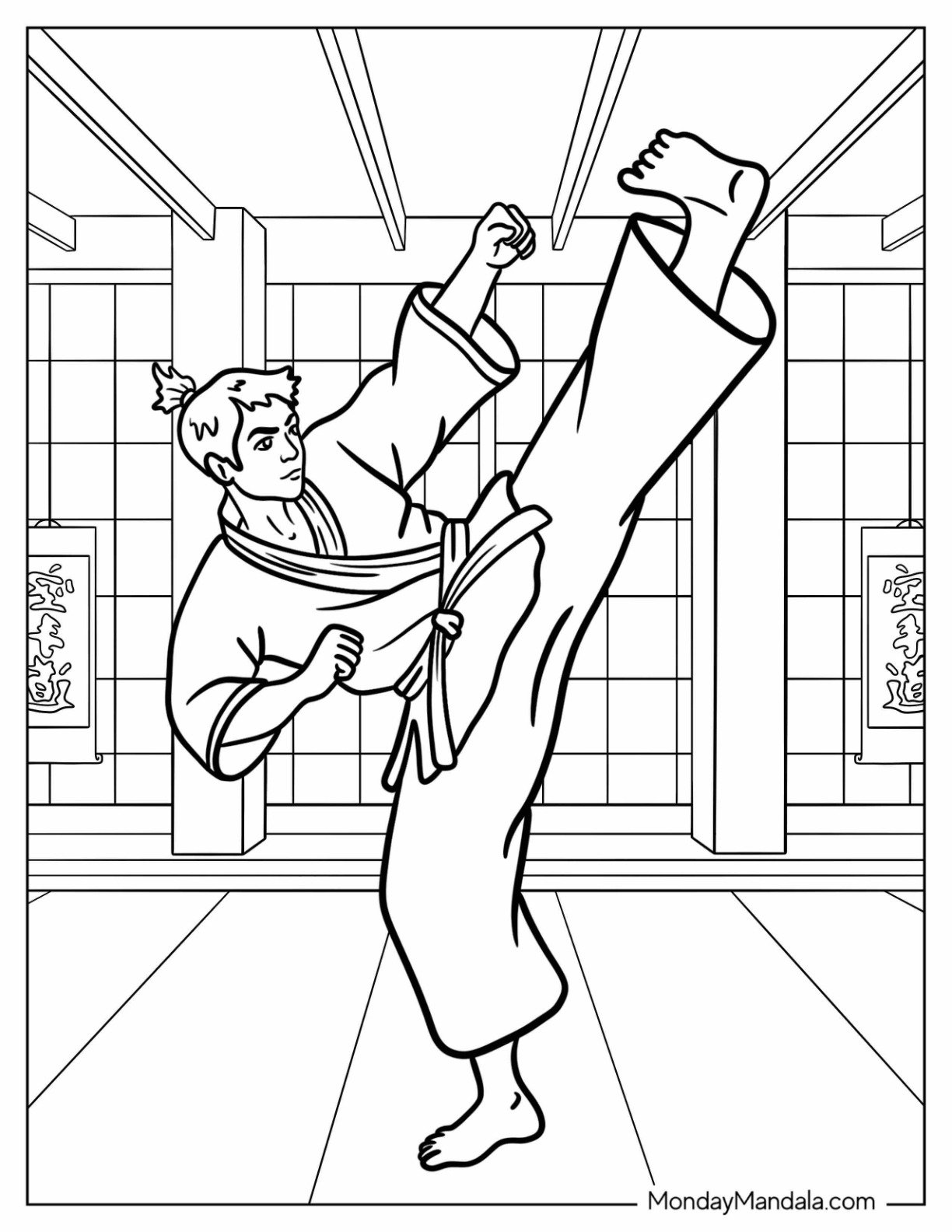 Karate Coloring Page Fighter Performing a High Kick in a Traditional Dojo