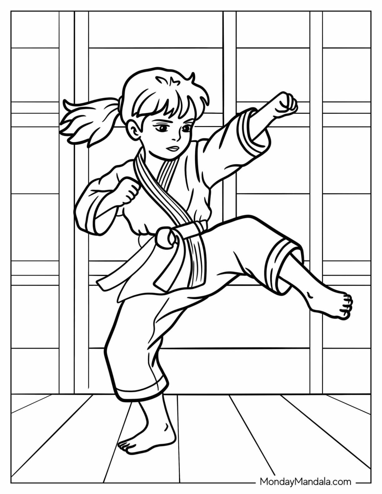 Karate Girl Kicking and Punching The Air Coloring Sheet