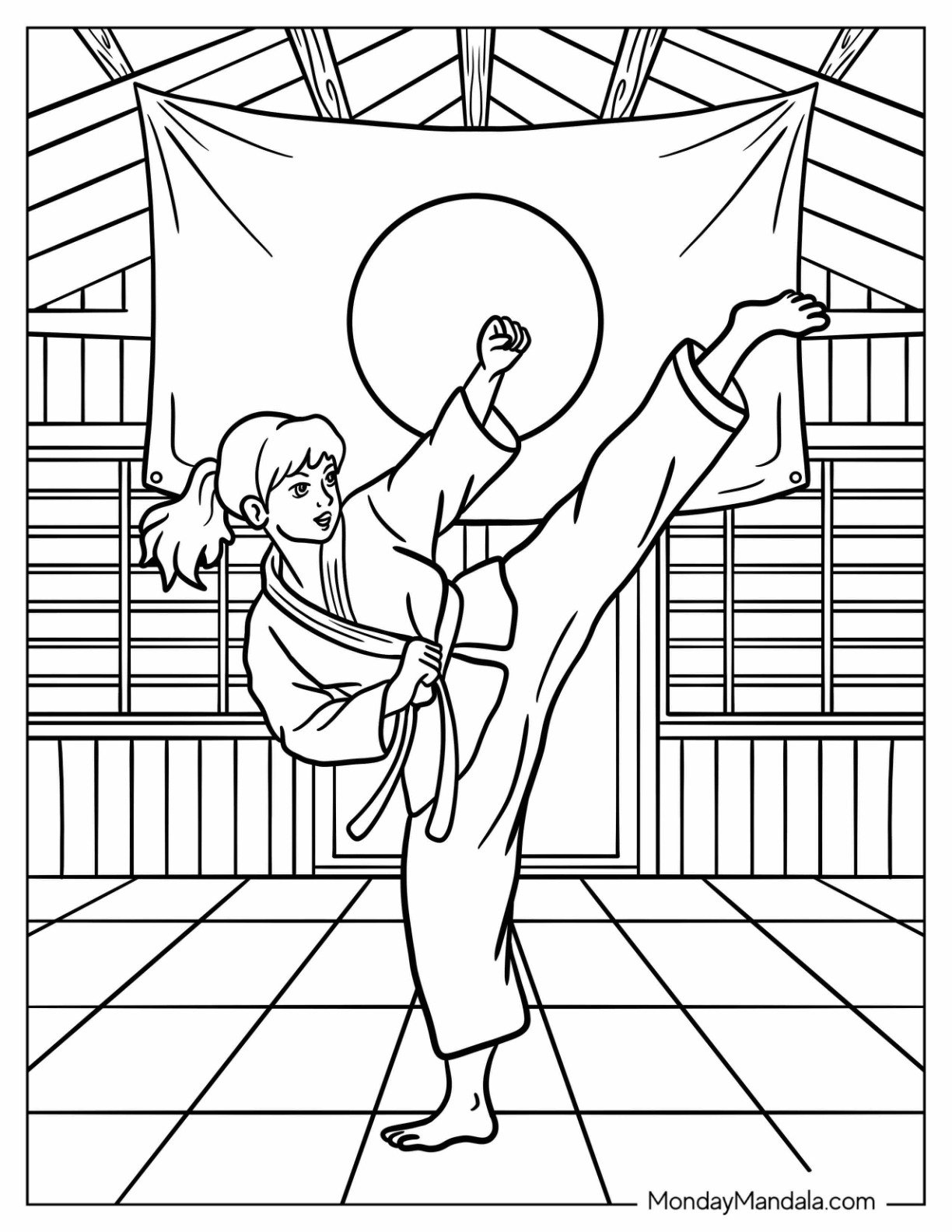 Karate Coloring Page of Girl Performing a High Kick in the Dojo