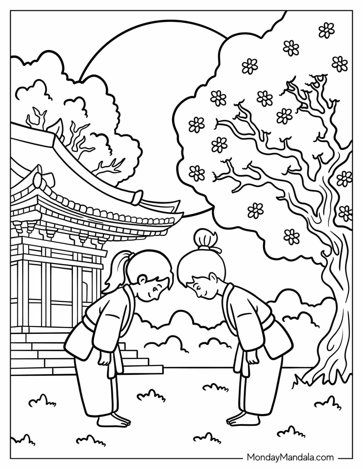 Karate Coloring Page Girls Bowing Respectfully in Front of a Traditional Dojo for Kids