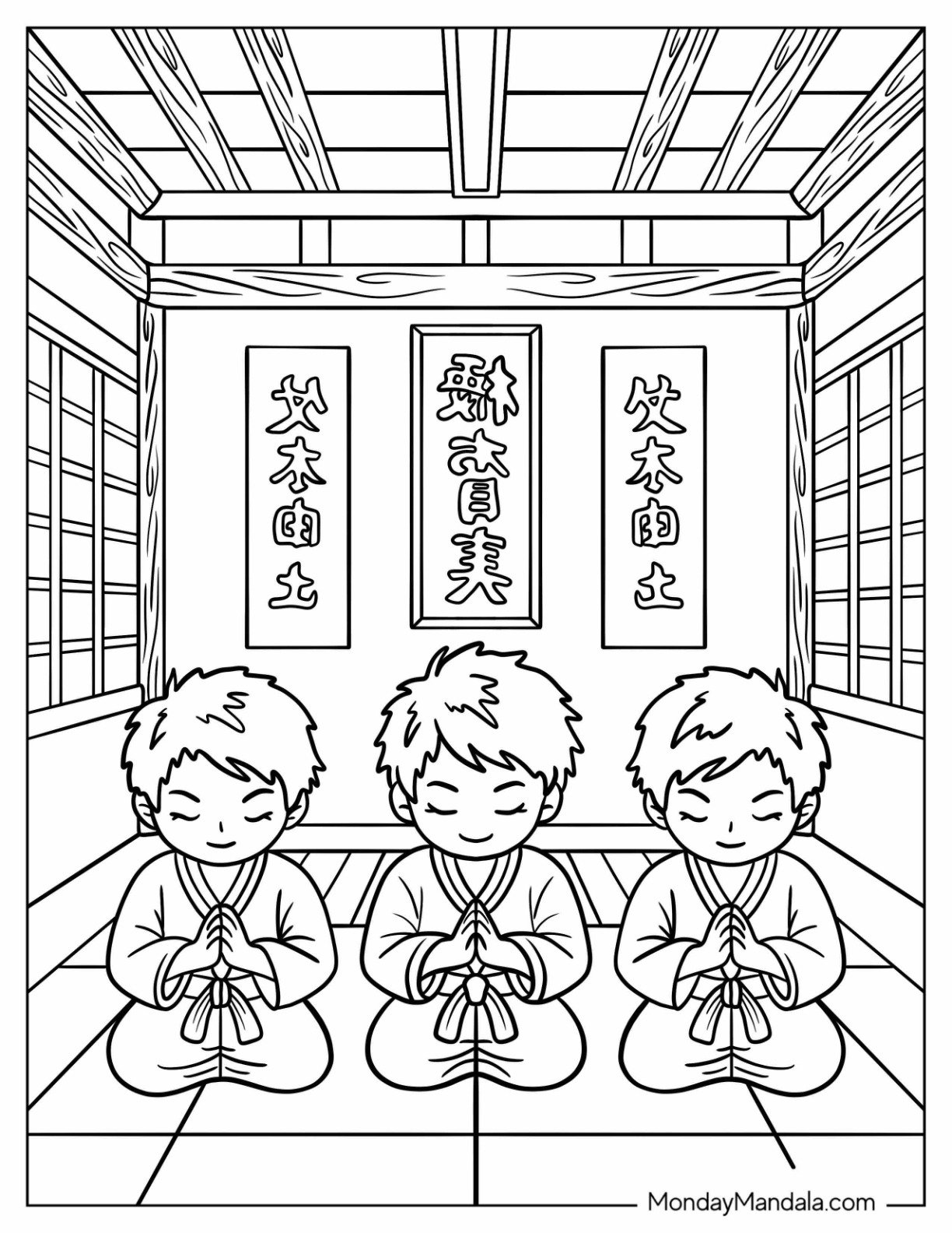 Karate Coloring Page Kids Meditating in the Dojo with Eyes Closed for Kids