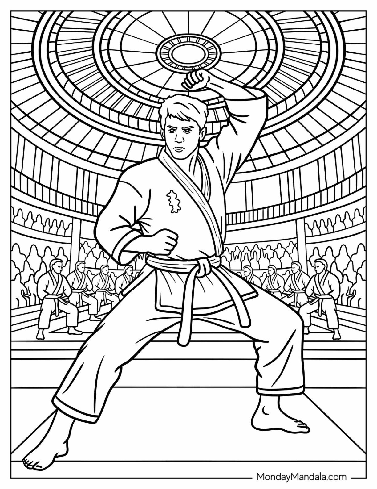 Karate Coloring Page Master Showing Perfect Form During a Live Demonstration
