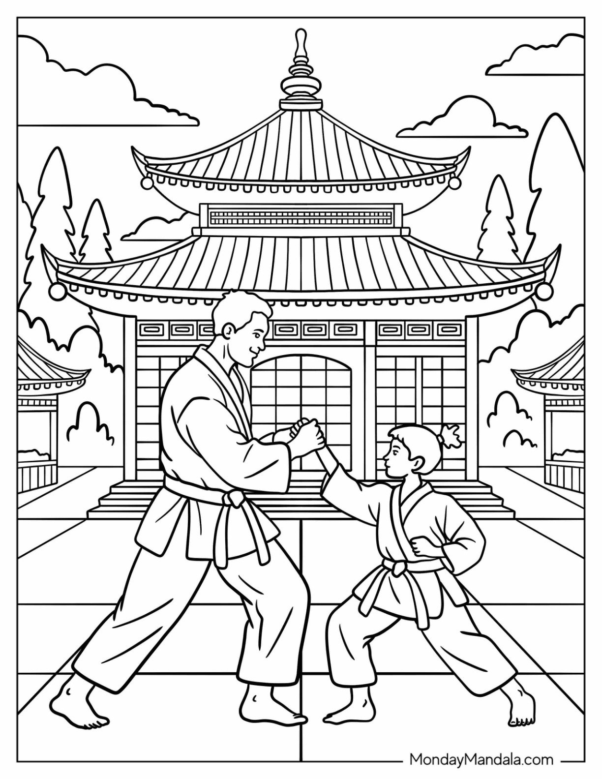 Karate Coloring Page Master Training a Young Student at the Temple Dojo