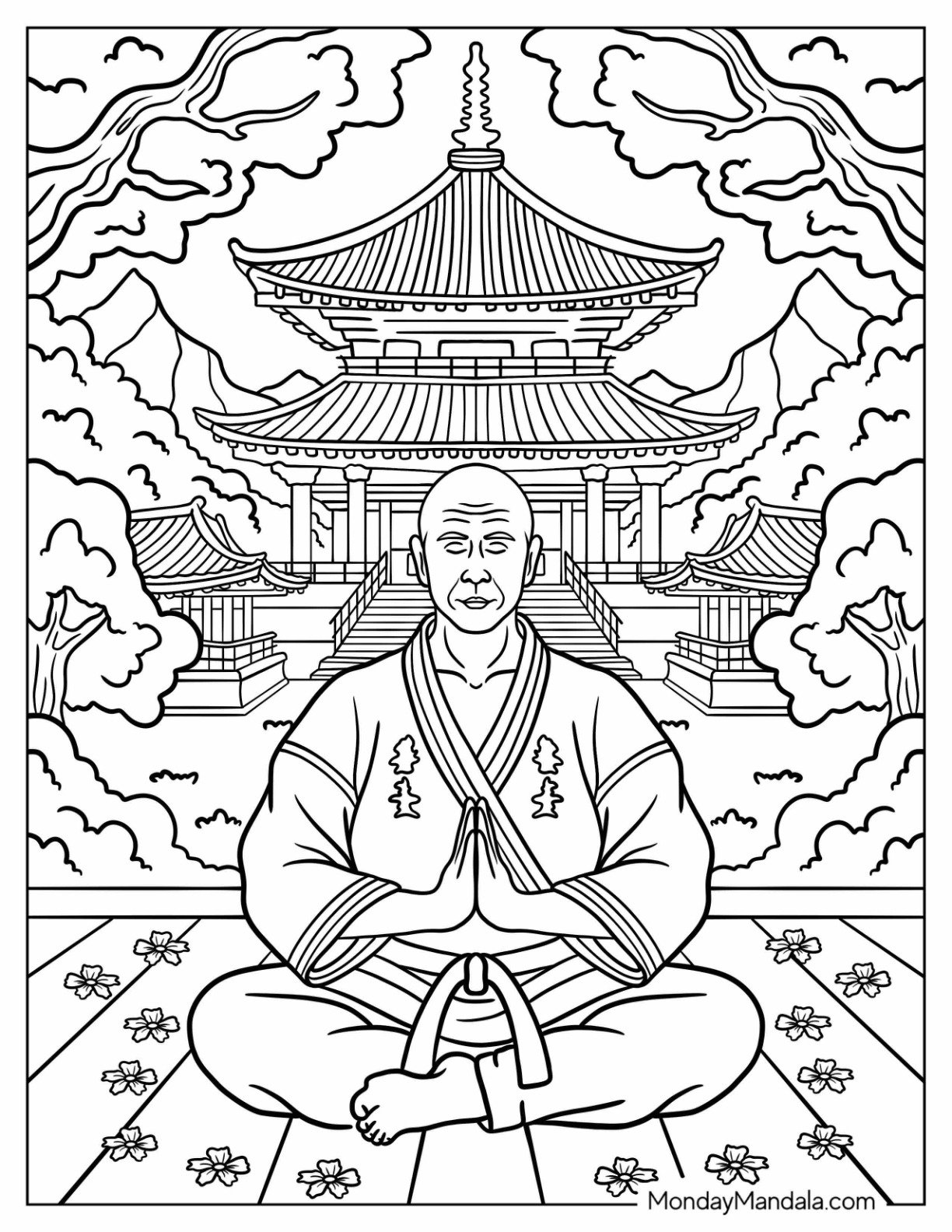 Karate Coloring Page Sensei Seated in Zen Pose Amid Cherry Blossoms