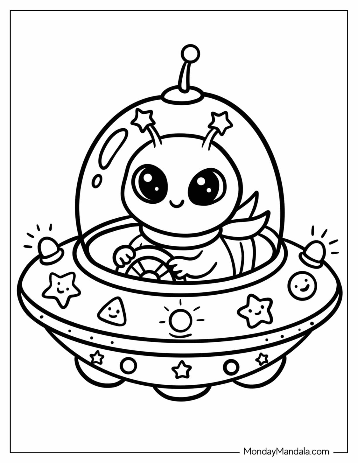 Kawaii Alien in a Tiny Spaceship Coloring Sheet for Preschoolers