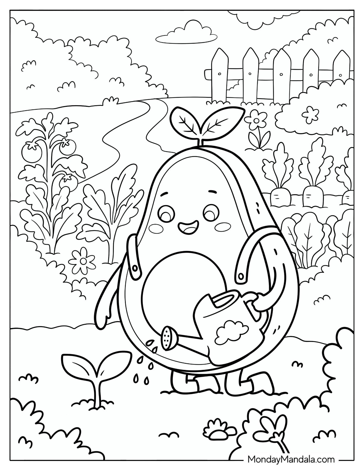 Kawaii Avocado Watering a Plant Coloring Page for Kids