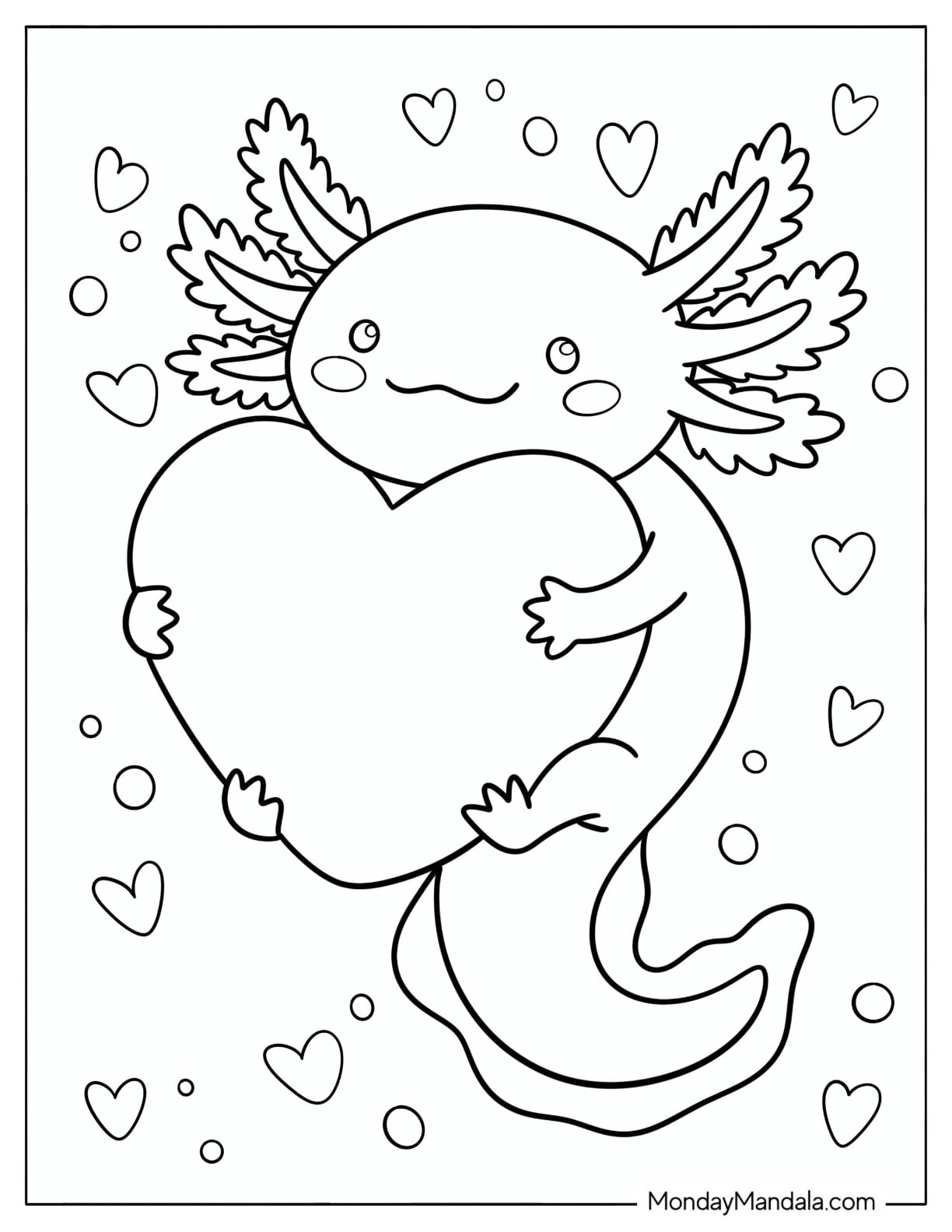 Kawaii Axolotl Hugging a Large Heart Coloring Page for Kids