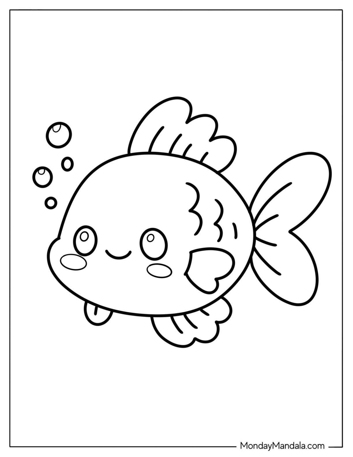 Fish Coloring Page of Kawaii Baby Goldfish with Bubbles for Preschoolers
