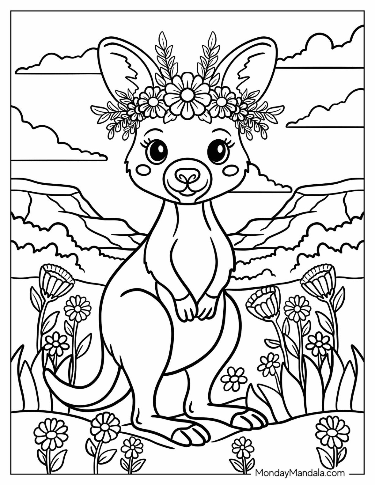 Kawaii Baby Kangaroo Coloring Page Wearing a Flower Crown in a Blooming Field