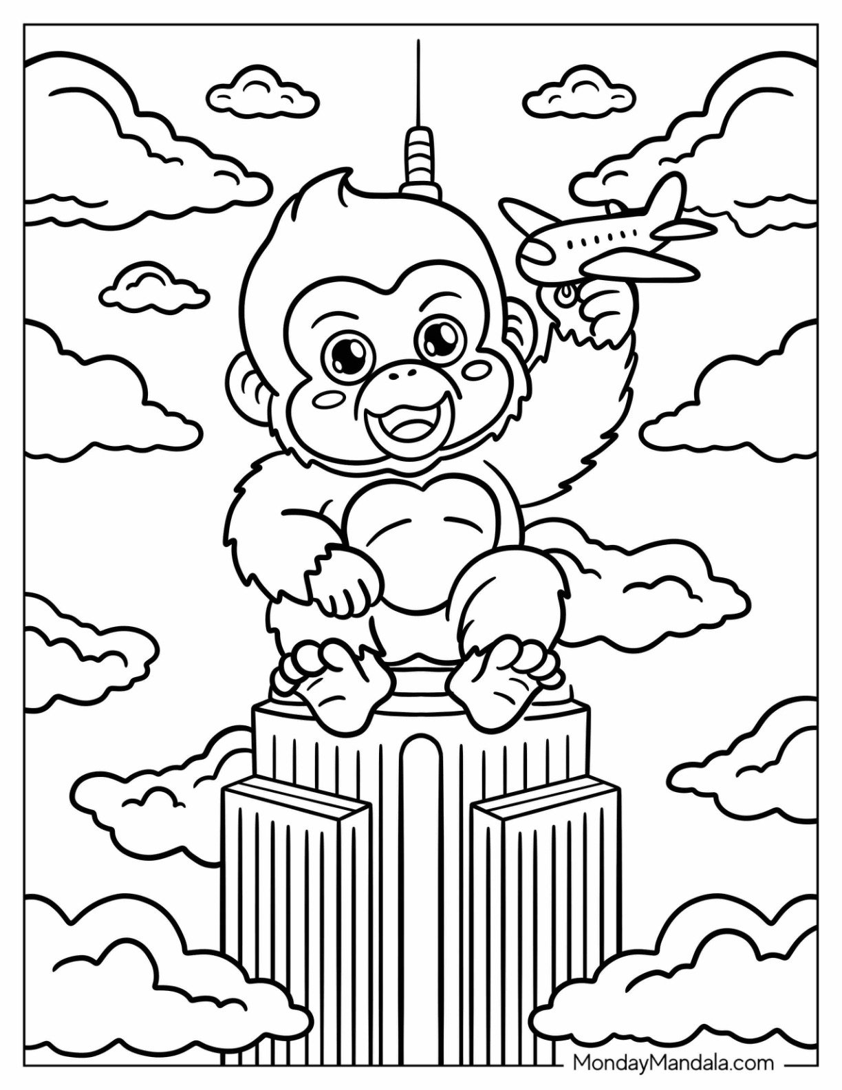 Kawaii Baby King Kong Coloring Page Sitting on the Empire State Building While Playing with Airplane