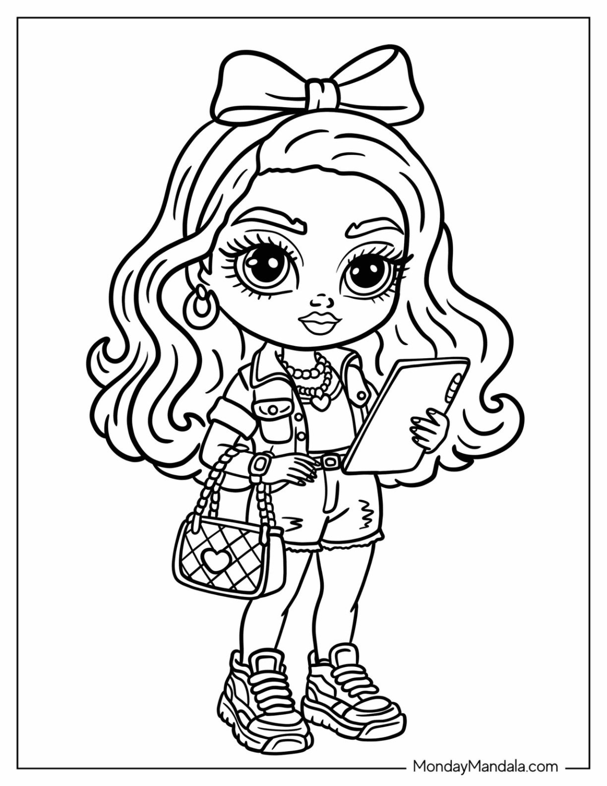 Kawaii Baddie Coloring Page with Bow in Her Hair for Kids