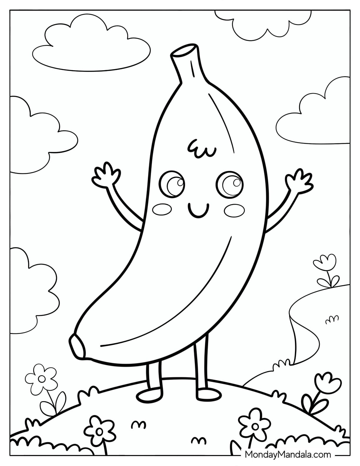 Kawaii Banana in a Flower Field Coloring Page for Preschoolers
