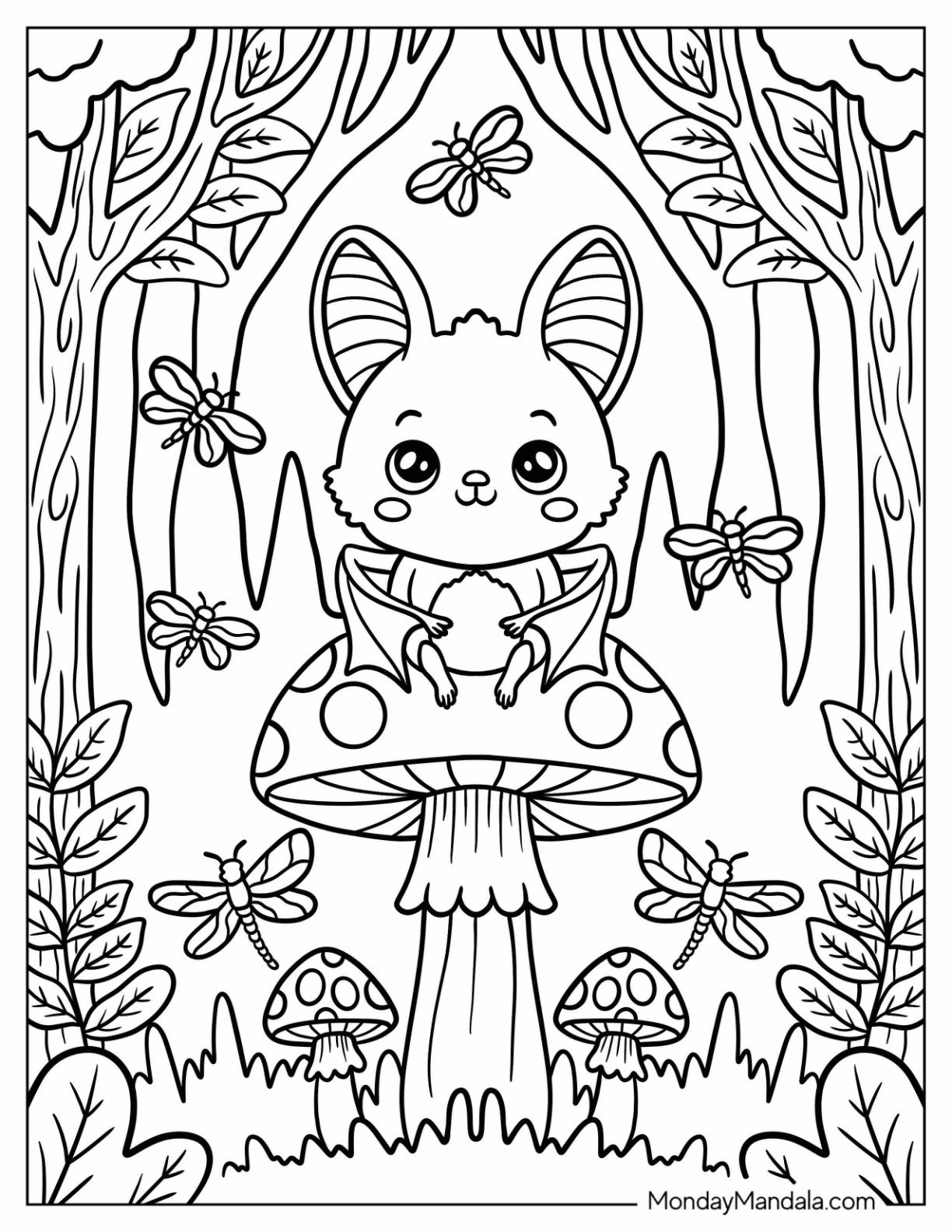 Kawaii Bat Coloring Page Sitting on a Mushroom with Dragonflies for Kids