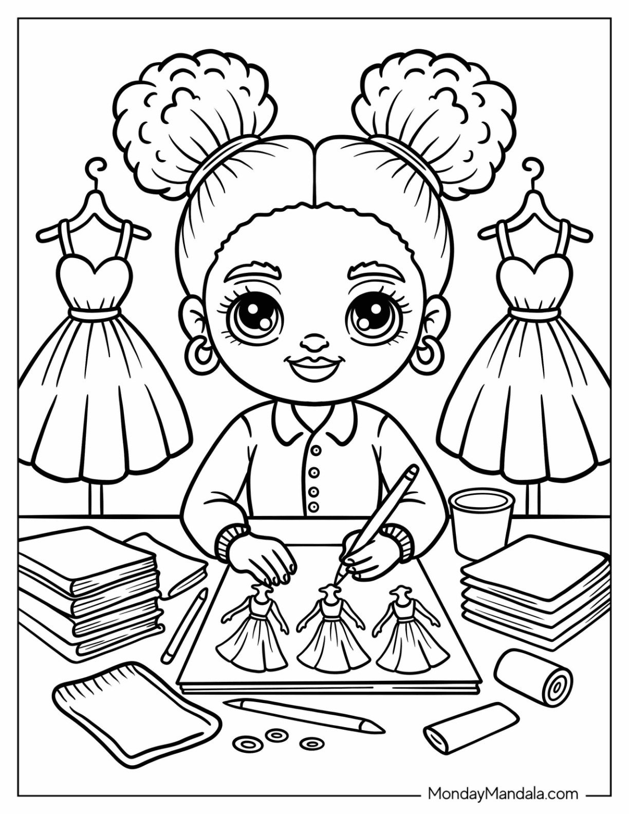 Kawaii Black Girl & Boy Coloring Page Designing Dresses