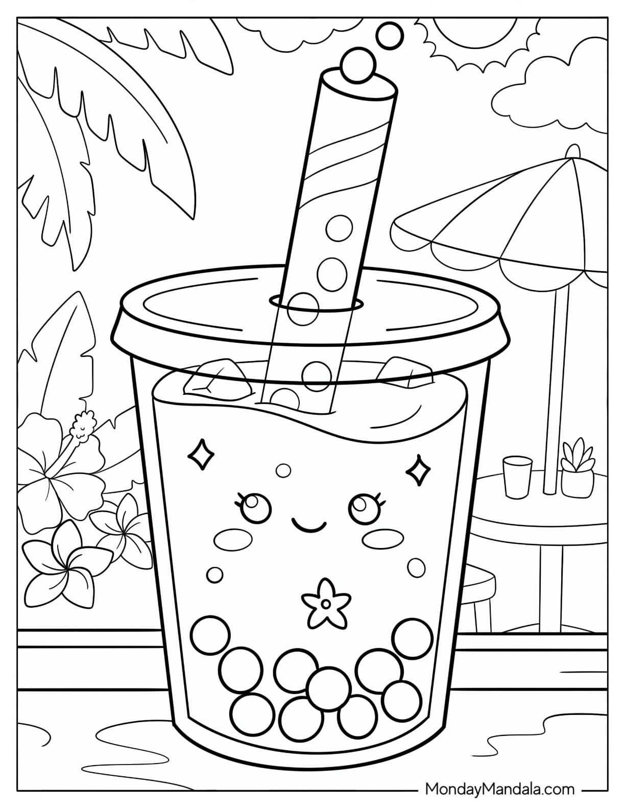 Kawaii Boba Tea with Straw in a Summer Resort Coloring Sheet