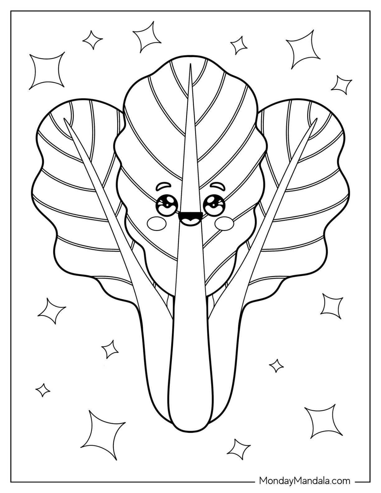 Kawaii Bok Choy Vegetable Coloring Page with Sparkles