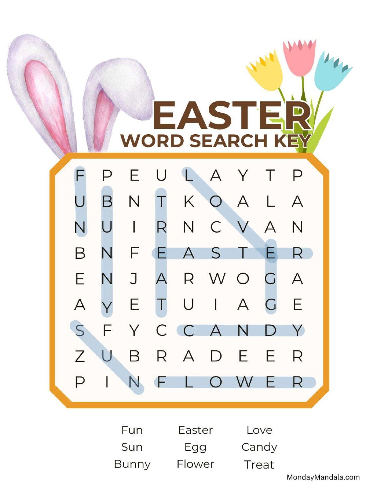 Kawaii Bunny Ears And Tulips Easter Word Search Answer Key