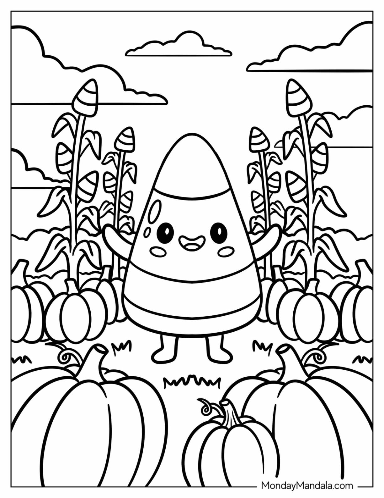Candy Coloring Page of Kawaii Candy Corn with Pumpkins for Kids