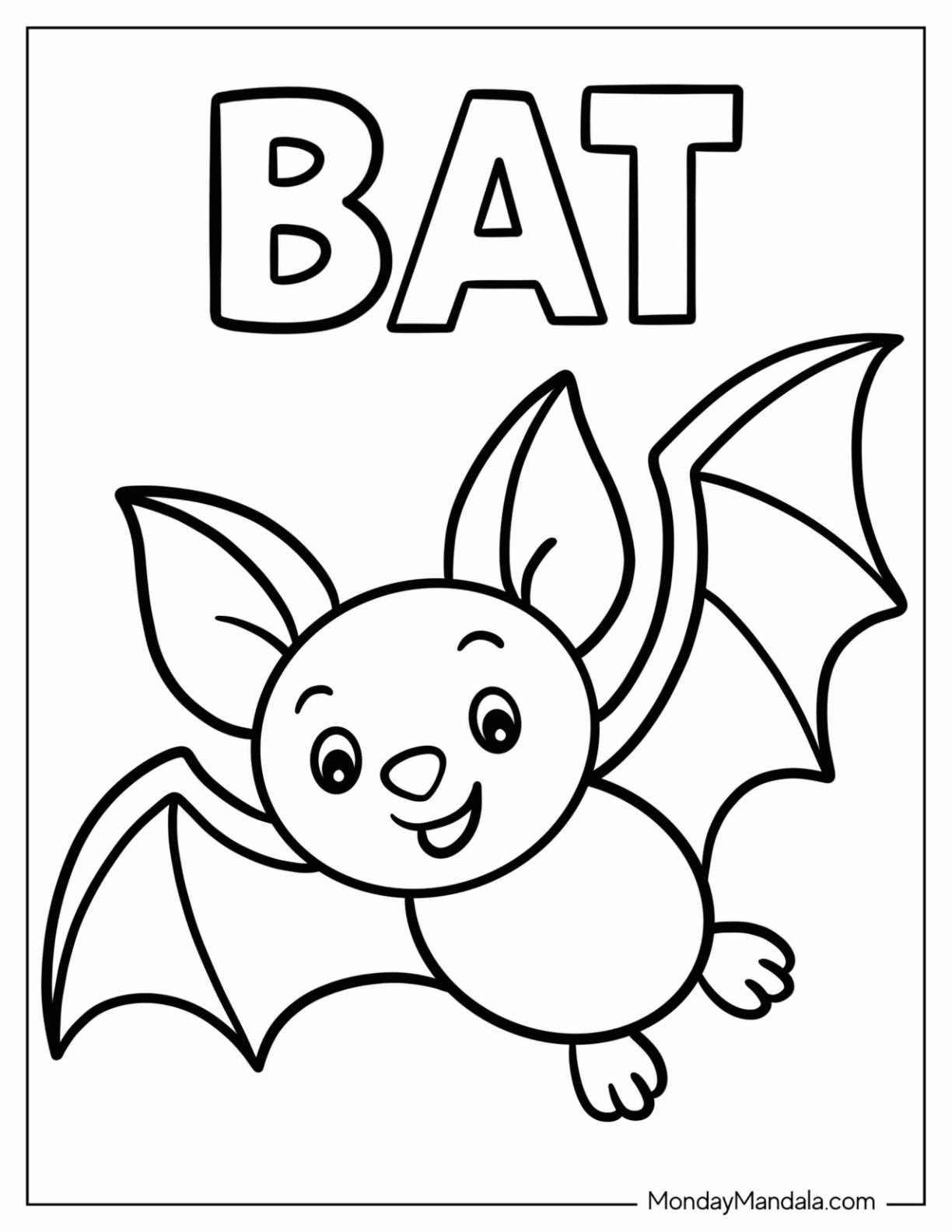 Kawaii Cartoon Bat Coloring Page with Text Flashcard for Kids