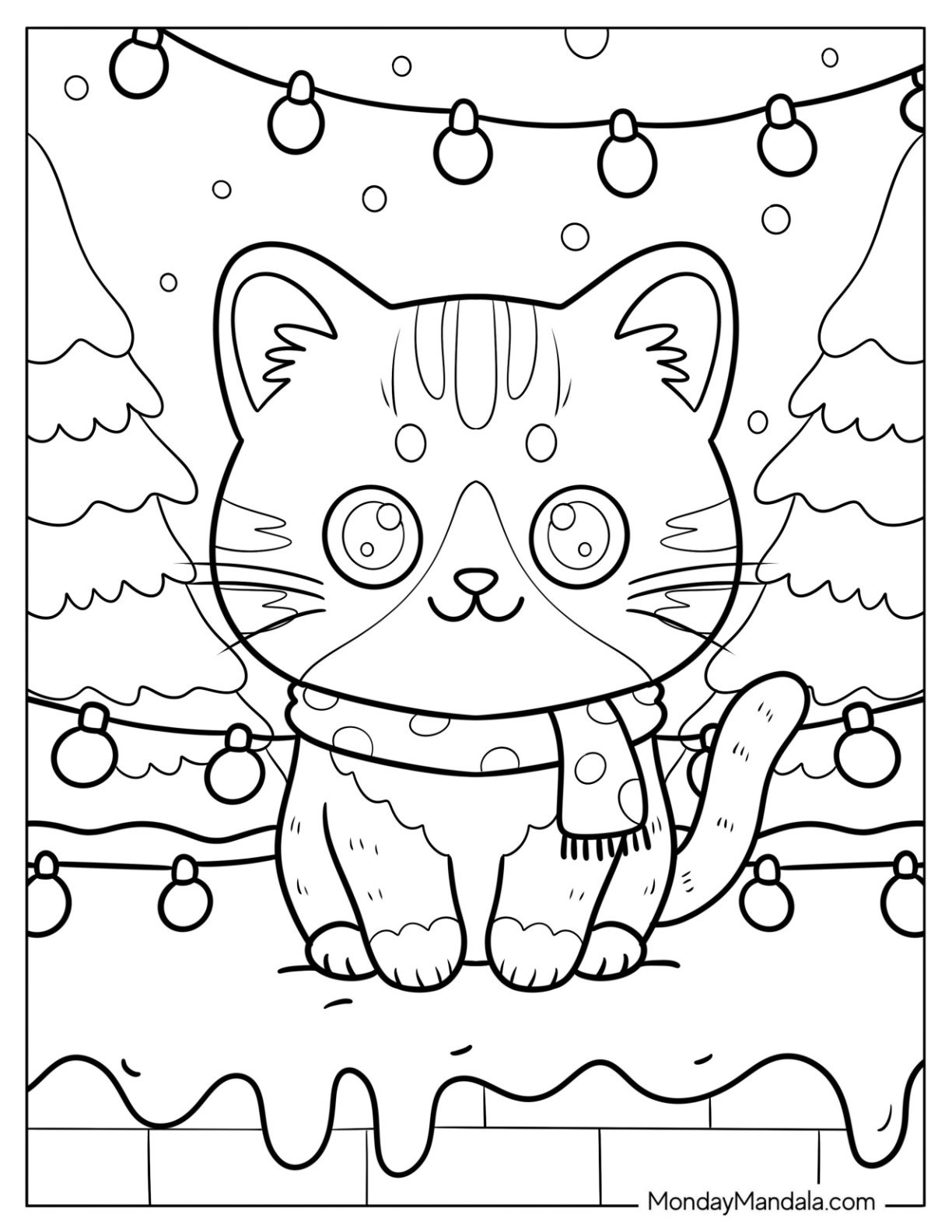 Kawaii Cat Coloring Page in Scarf Sitting Under Fairy Lights in Winter