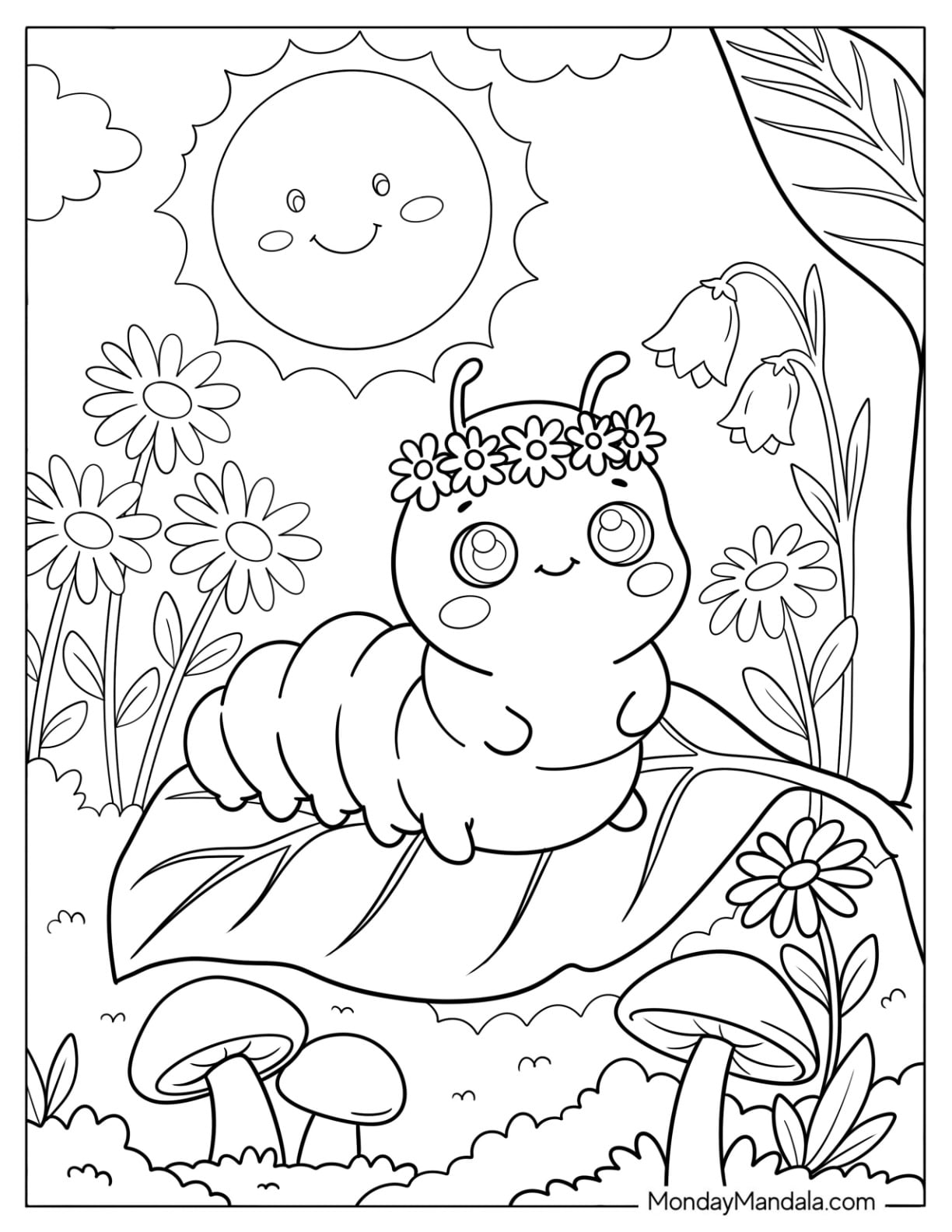 Kawaii Caterpillar Coloring Page with a Flower Crown on a Leaf for Preschoolers