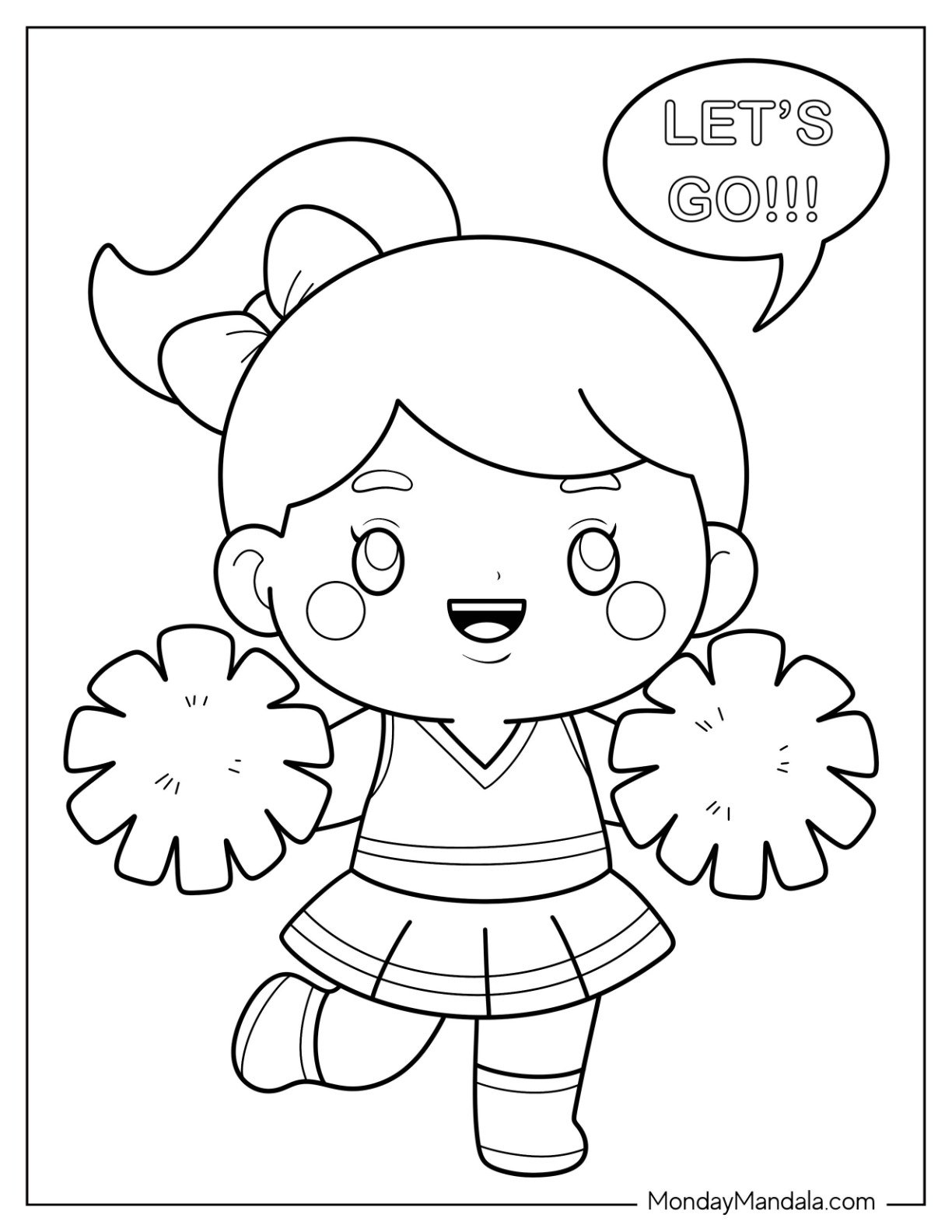 Cheerleading Coloring Page Of Kawaii Cheerleader Chanting  Let’s Go! For Preschoolers