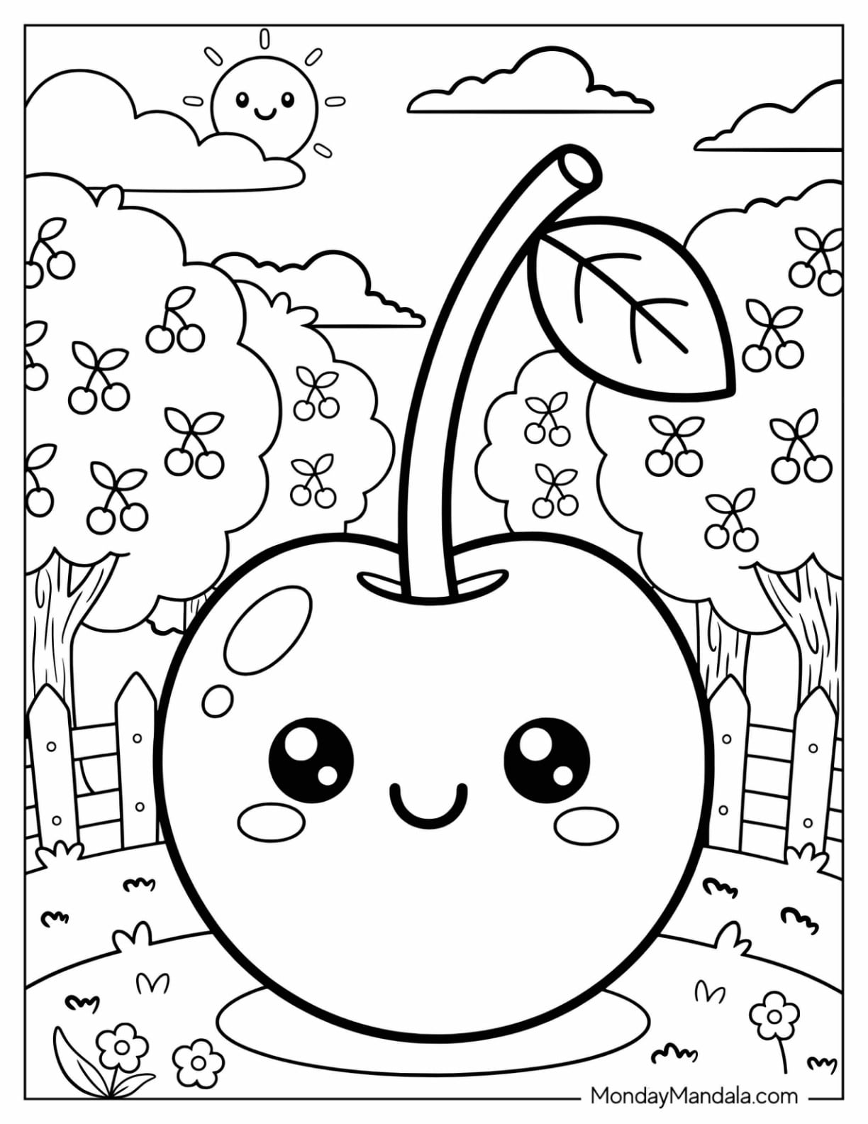 Kawaii Cherry in an Orchard Coloring Page for Kids