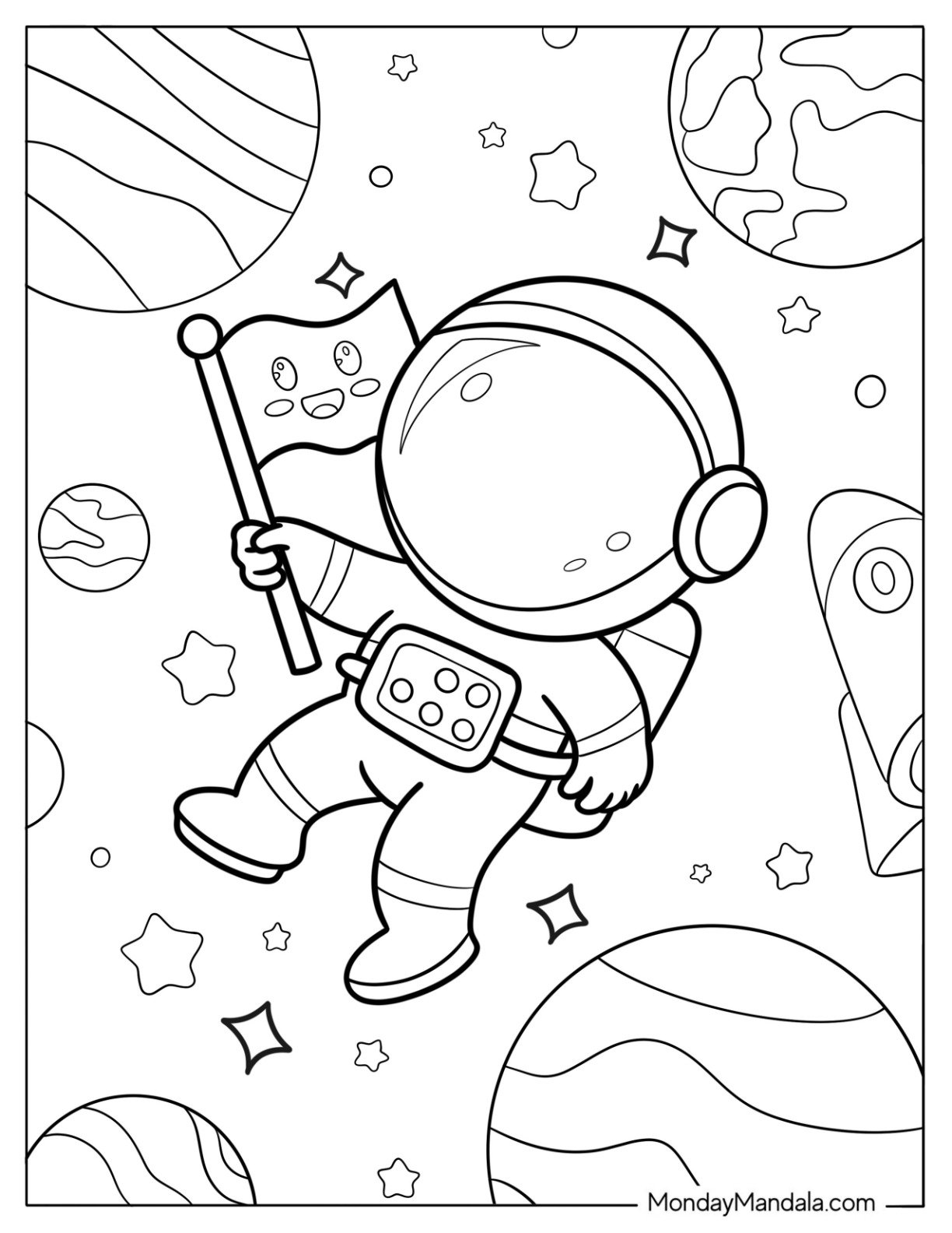 Kawaii Chibi Astronaut Floating in Space with Smiley Flag Coloring Sheet For Preschoolers