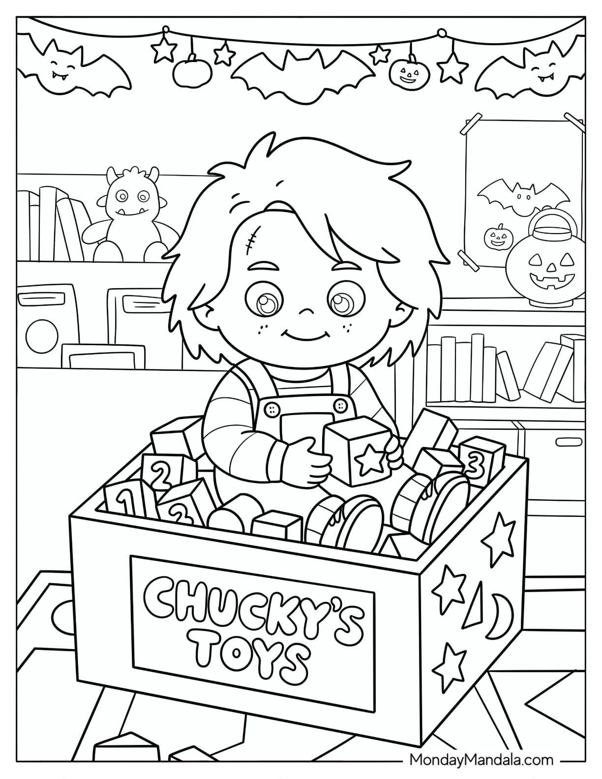Kawaii Chucky Coloring Page Sitting in a Box with Toys for Kids