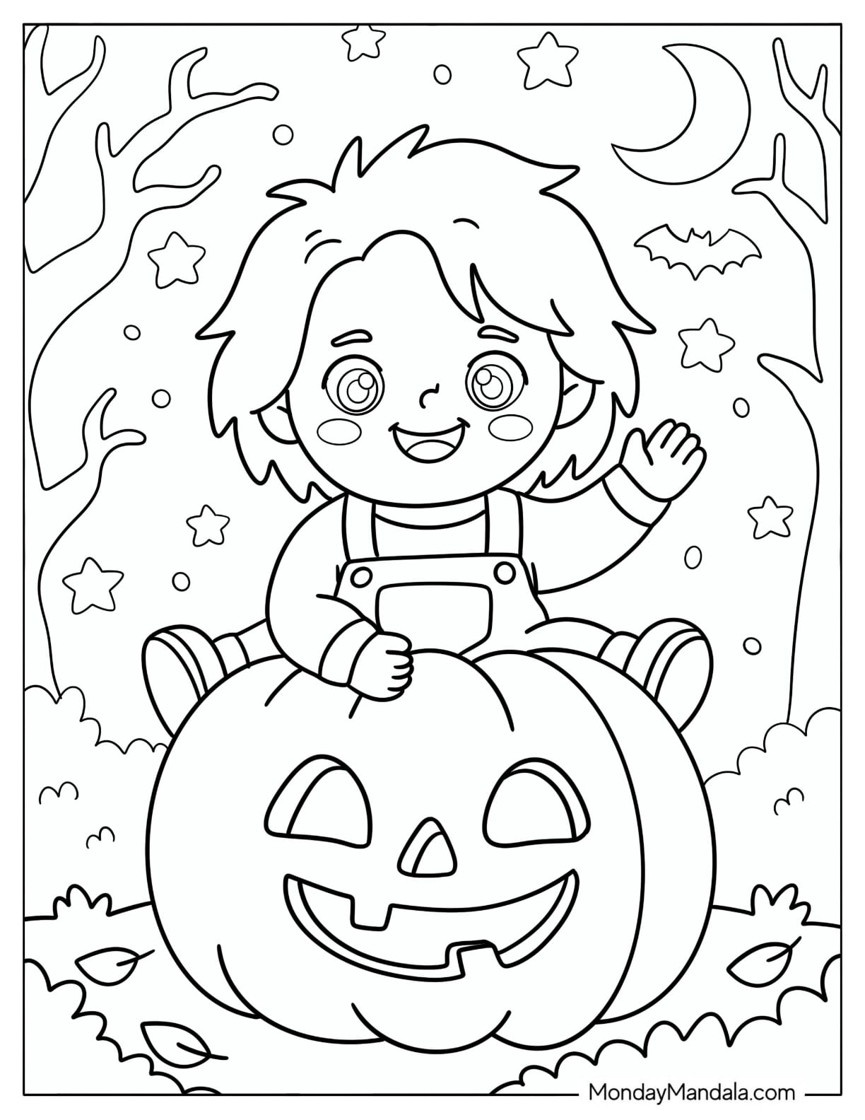 Kawaii Chucky Coloring Page on Jack o Lantern for Kids