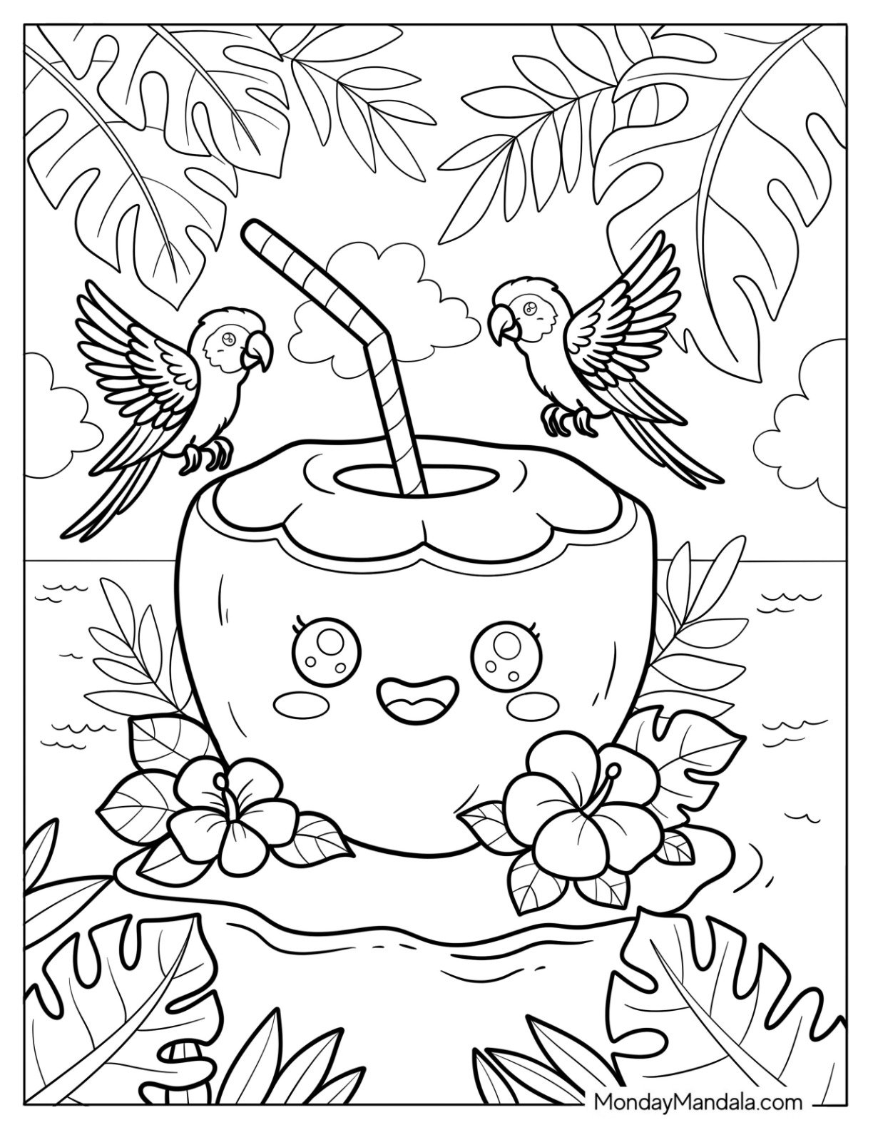 Kawaii Coconut Beverage on Island with Flowers and Flying Parrots Coloring Sheet for Kids