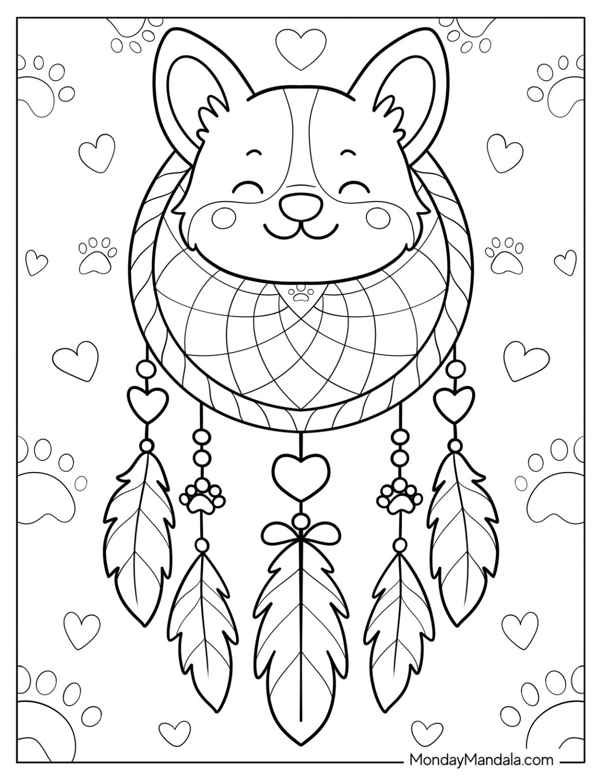 Kawaii Corgi Coloring Page Dreamcatcher with Love Heart Beads and Feathers