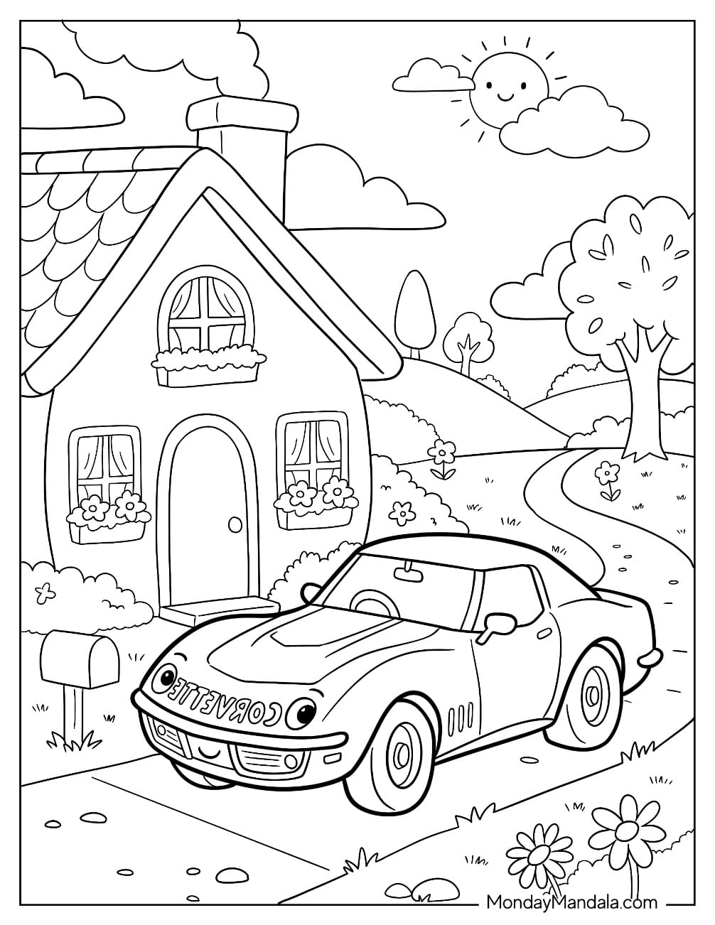 Kawaii Corvette Parked Outside a House Coloring Page
