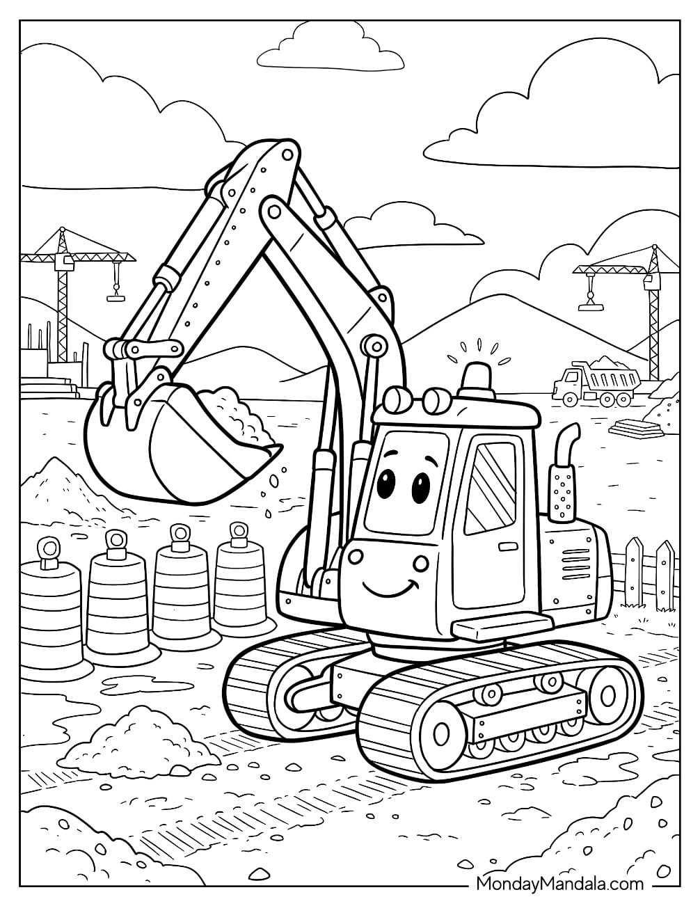 Kawaii Crawler Excavator Loading a Bucket with Dirt at a Construction Site Coloring Page
