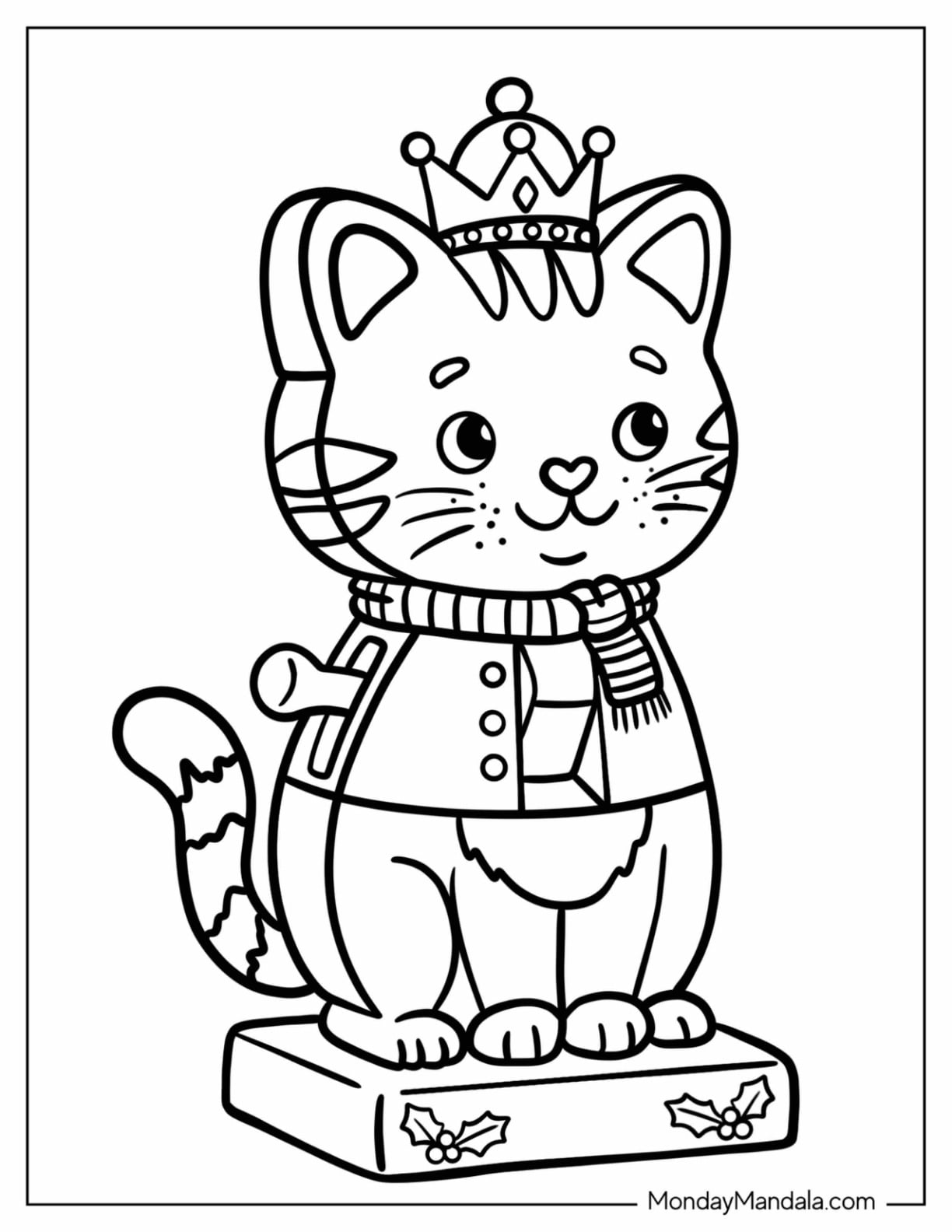 Kawaii Crowned Cat Nutcracker Wearing a Winter Scarf Coloring Sheet for Kids