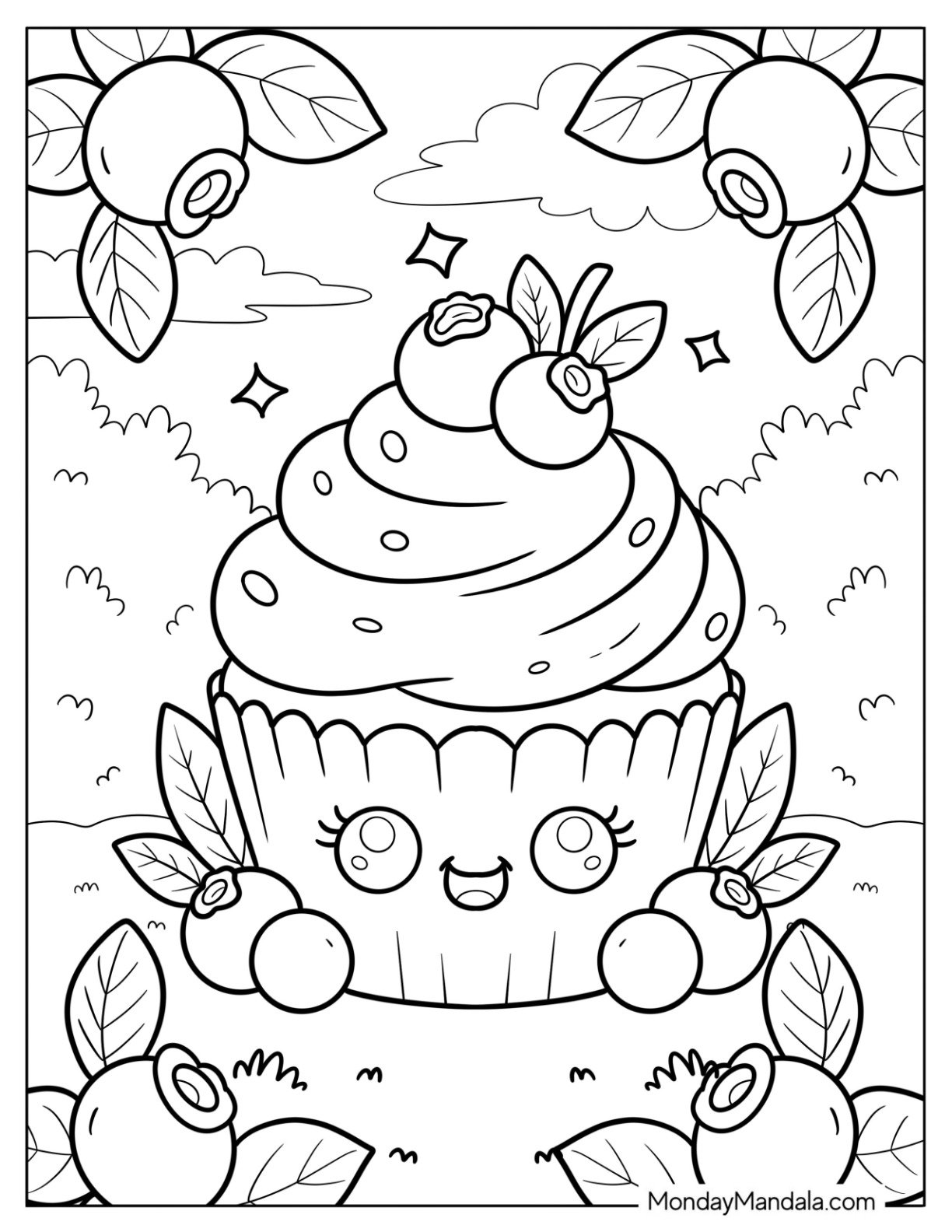 Kawaii Cupcake Coloring Page with Happy Face and Berry Toppings for Kids