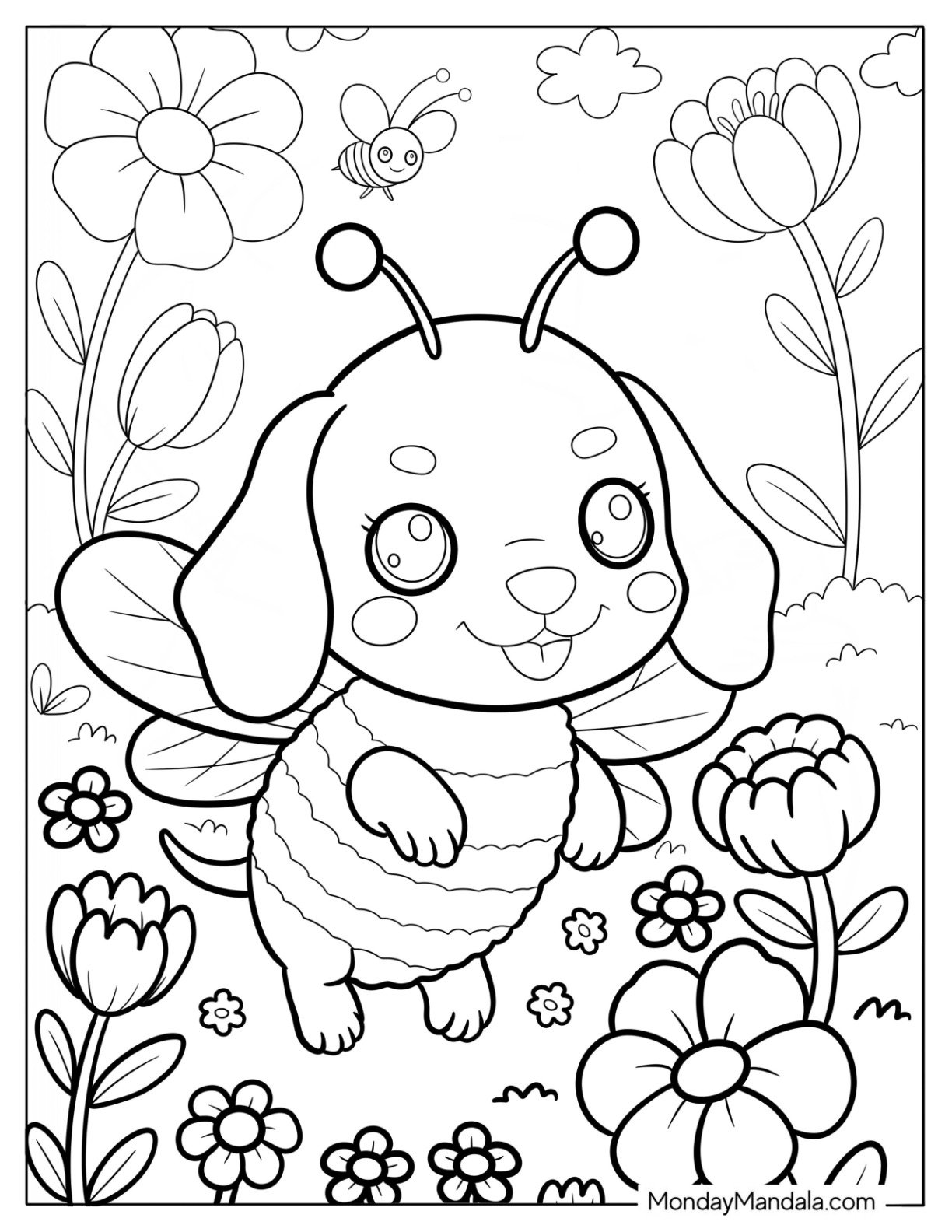 Kawaii Dachshund Puppy in Bee Outfit Surrounded by Flowers and Buzzing Insects Coloring Sheet for Preschoolers