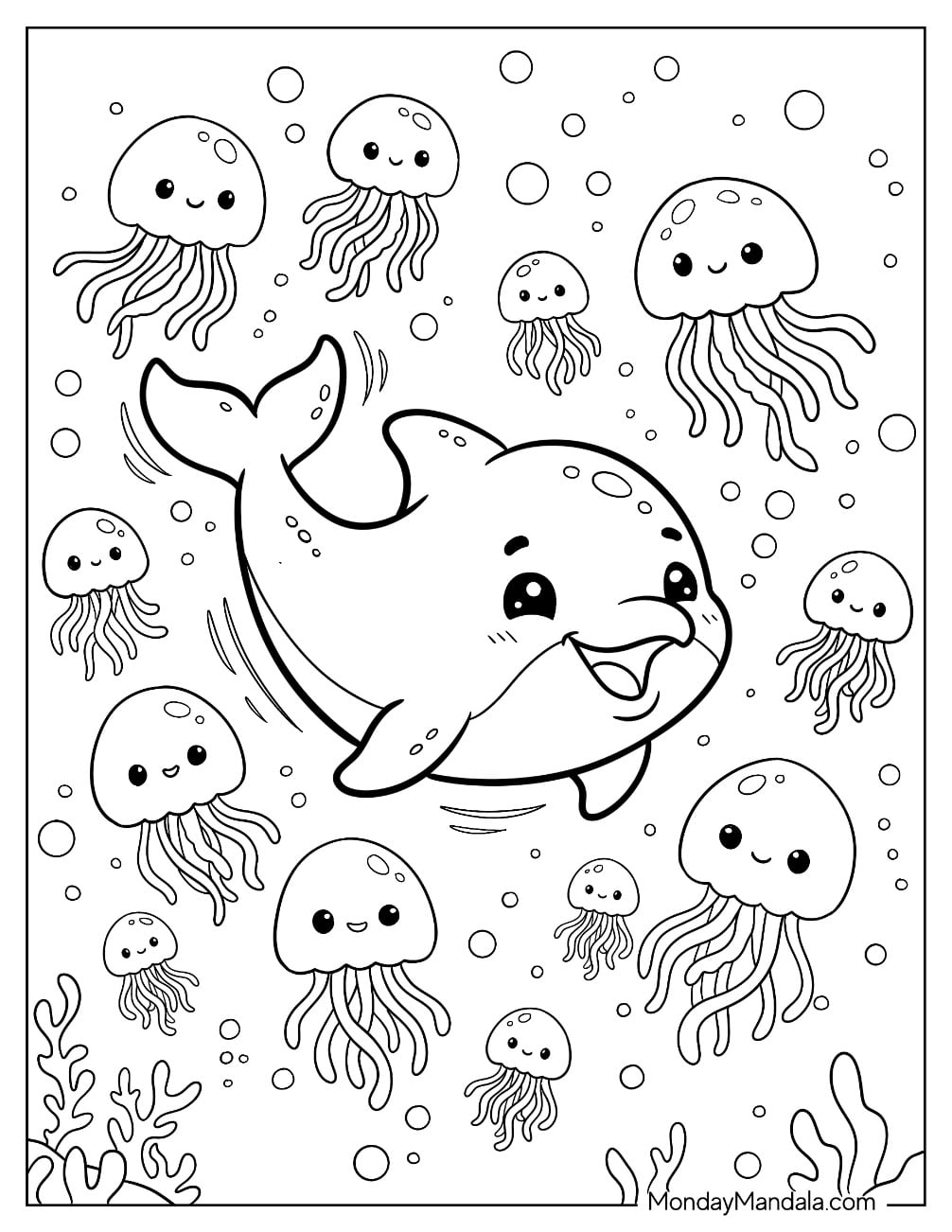 Kawaii Dolphin Swimming with a School of Jellyfish and Bubbles Coloring Page for Kids