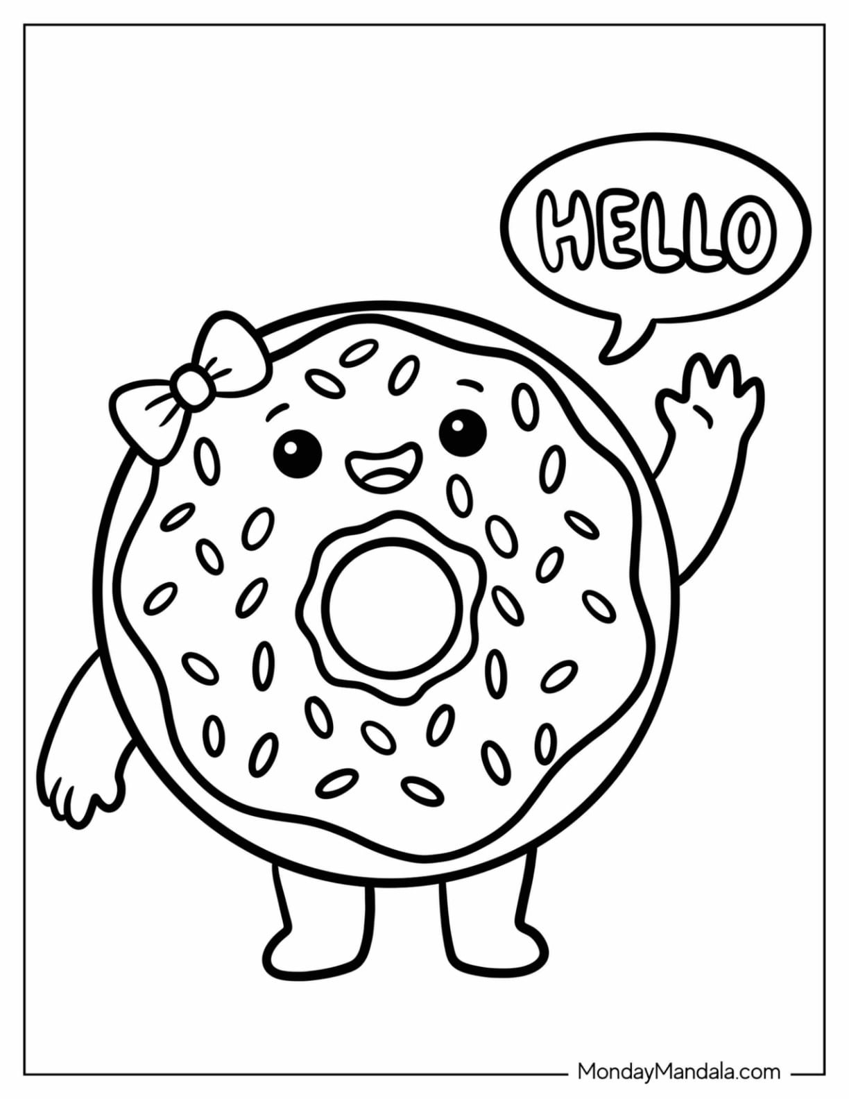 Kawaii Donut with Bow Saying Hello Coloring Sheet for Preschoolers