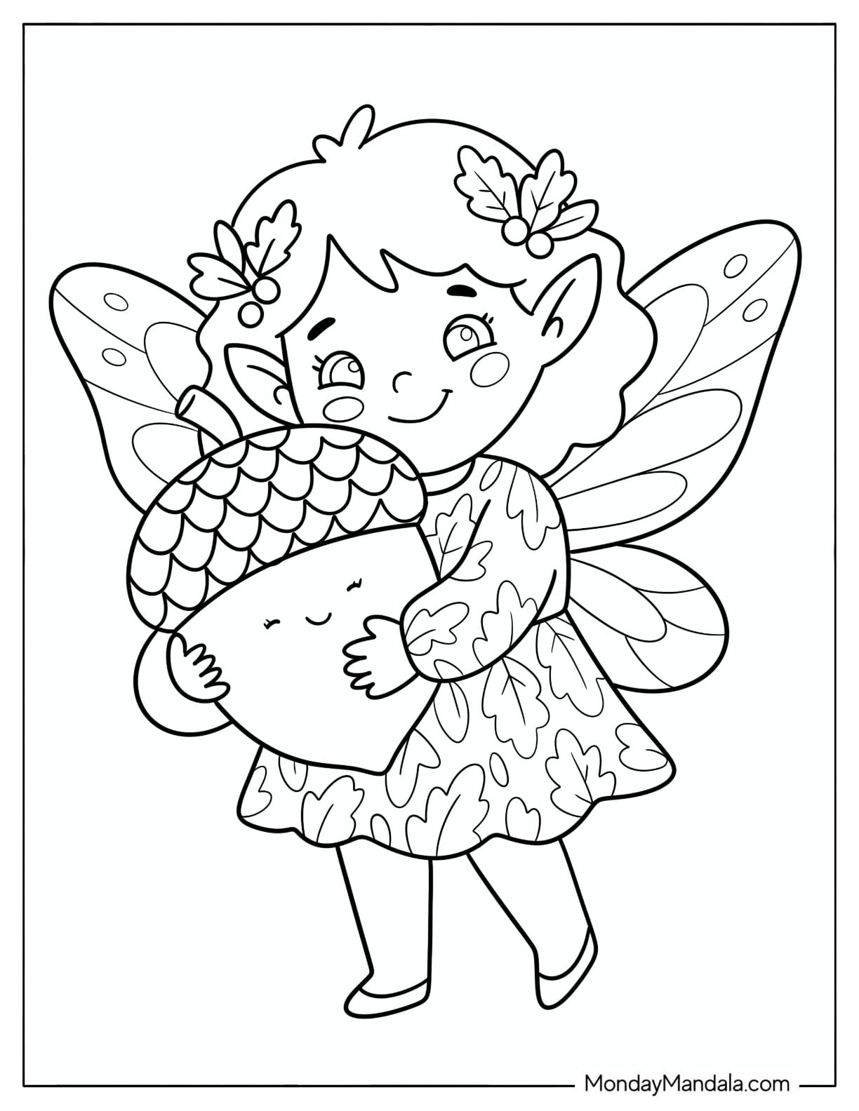 Kawaii Fairy Carrying a Giant Acorn Coloring Page for Kids