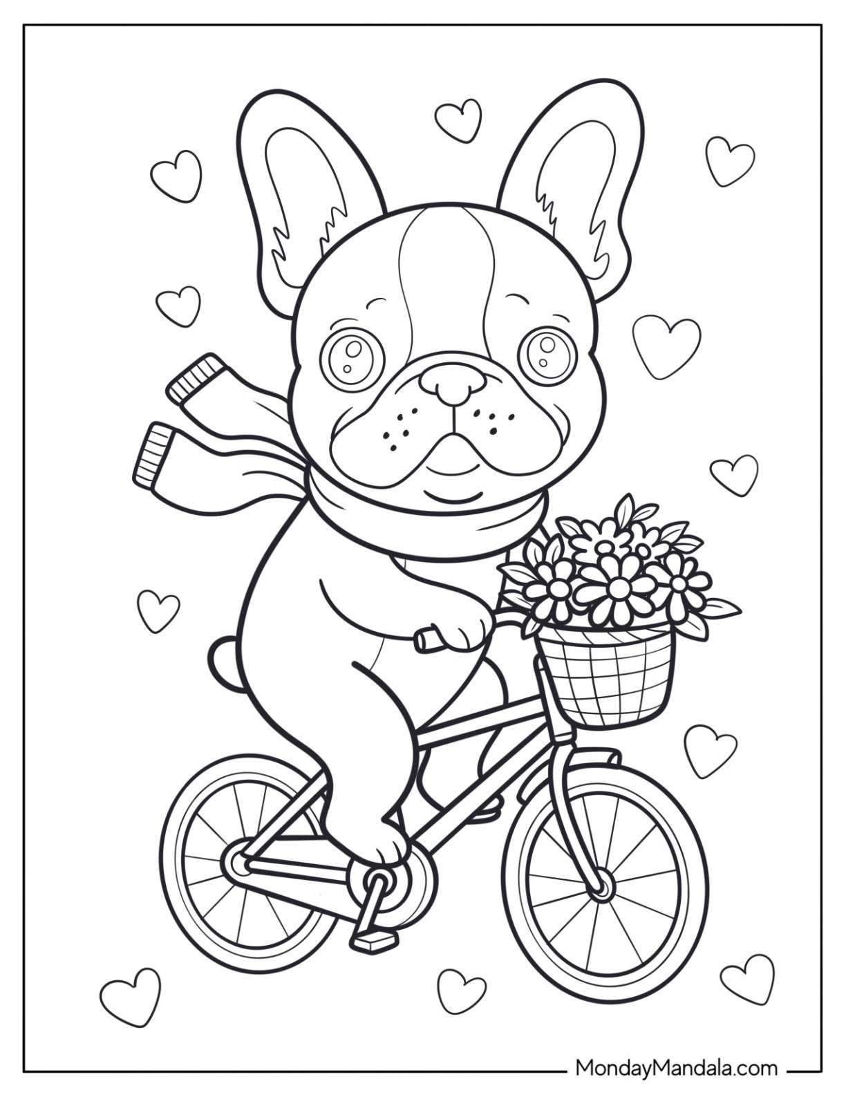 Kawaii French Bulldog Coloring Page Riding a Bicycle with Flower Basket