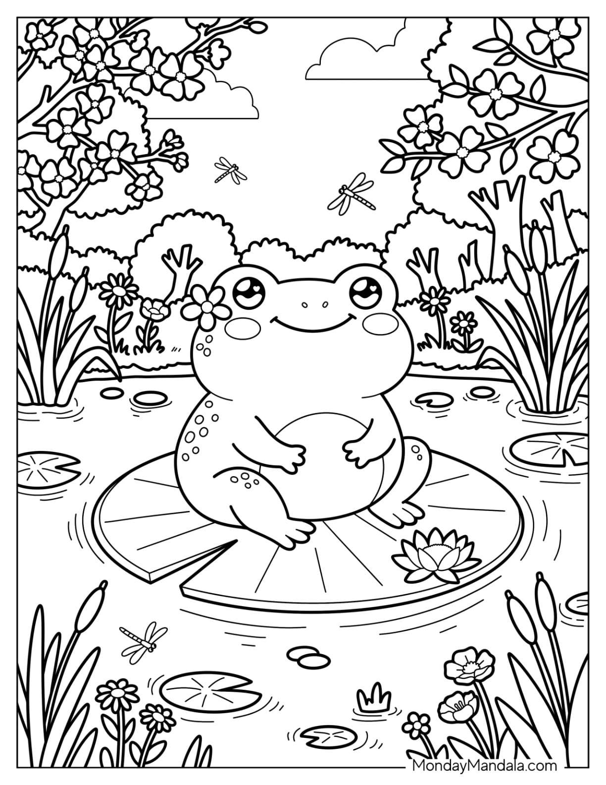 Kawaii Frog Sitting on a Lily Pod in Spring Coloring Sheet for Kids